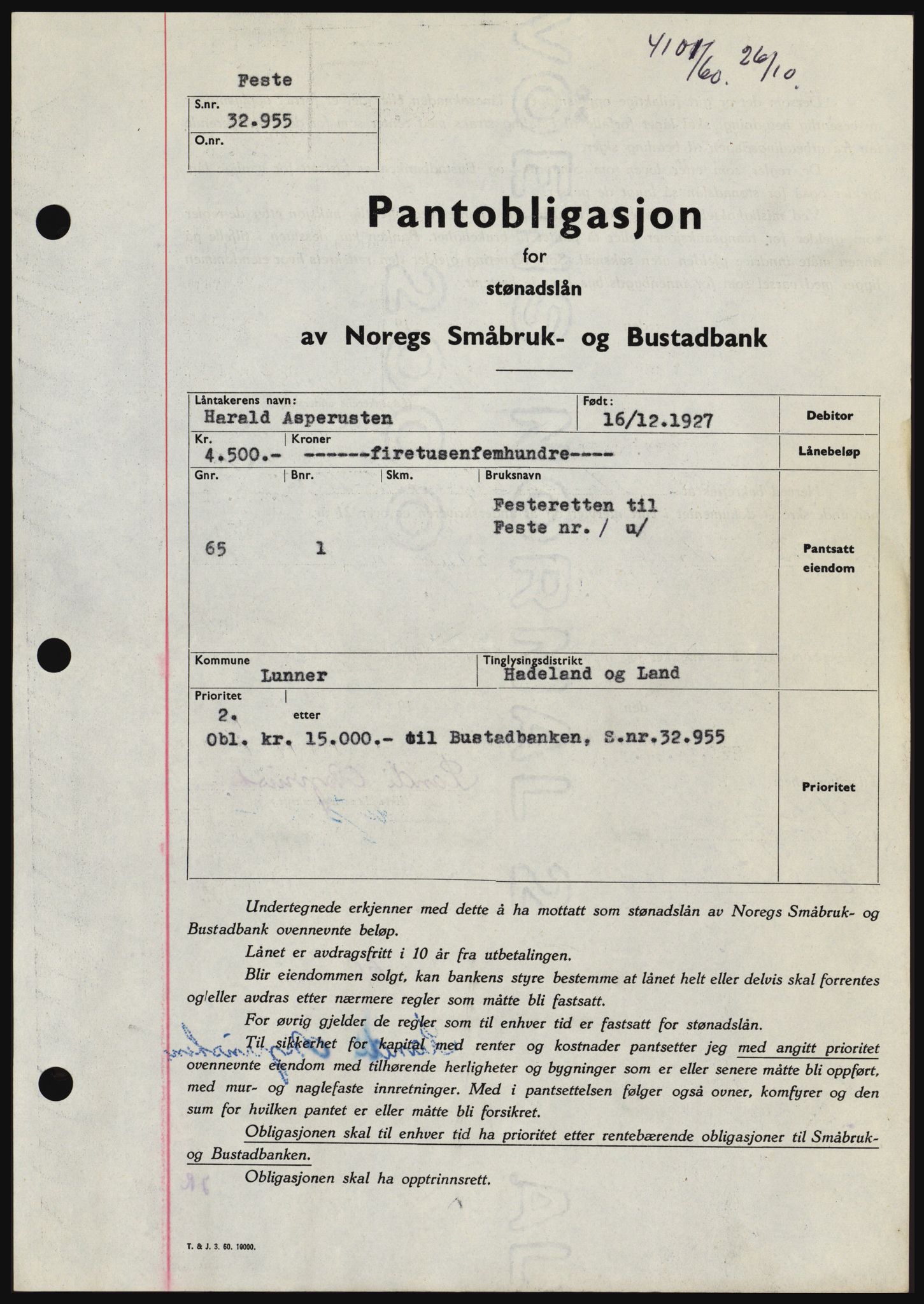 Hadeland og Land tingrett, SAH/TING-010/H/Hb/Hbc/L0044: Pantebok nr. B44, 1960-1961, Dagboknr: 4101/1960