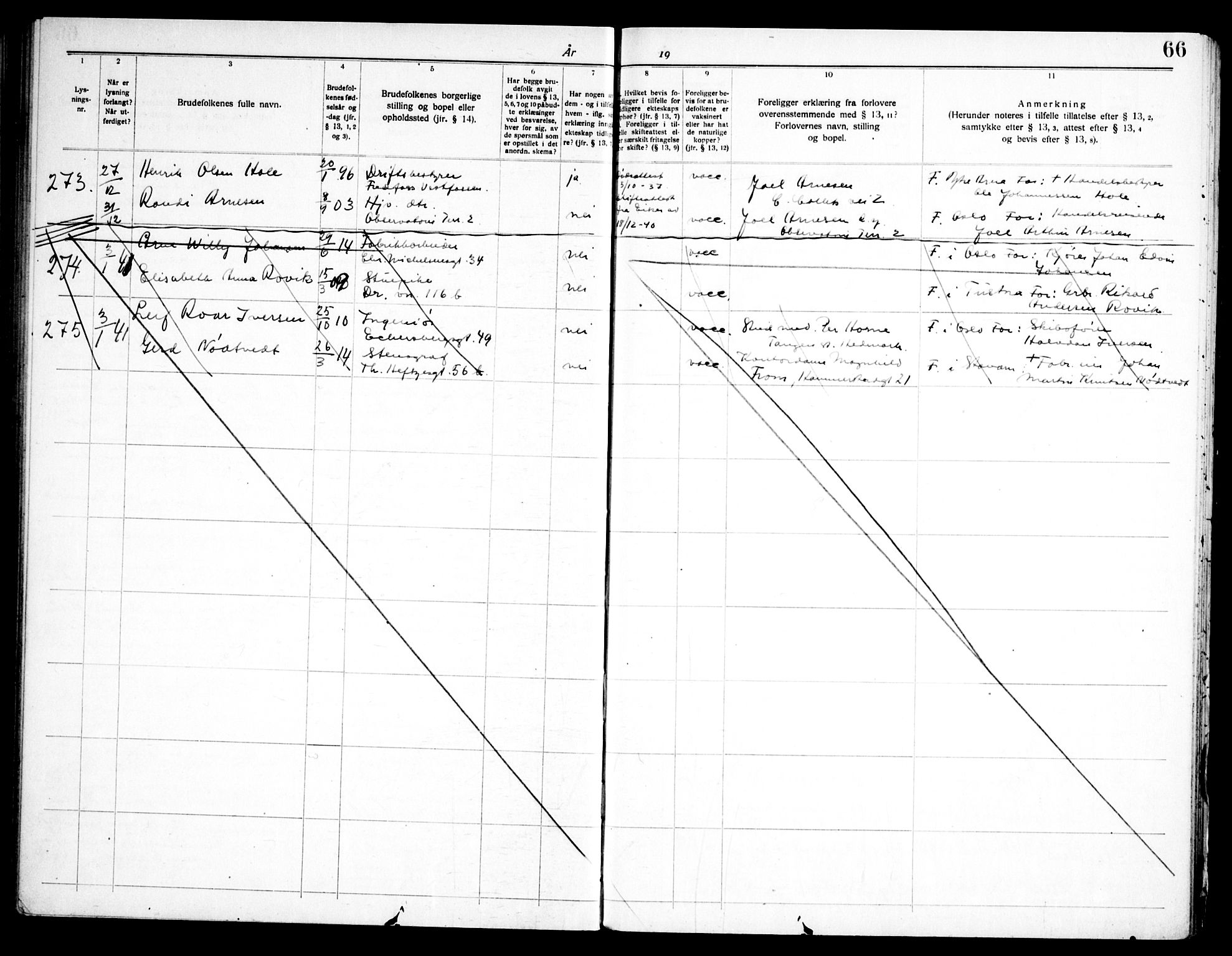 Frogner prestekontor Kirkebøker, SAO/A-10886/H/Ha/L0009: Lysningsprotokoll nr. 9, 1938-1945, s. 66