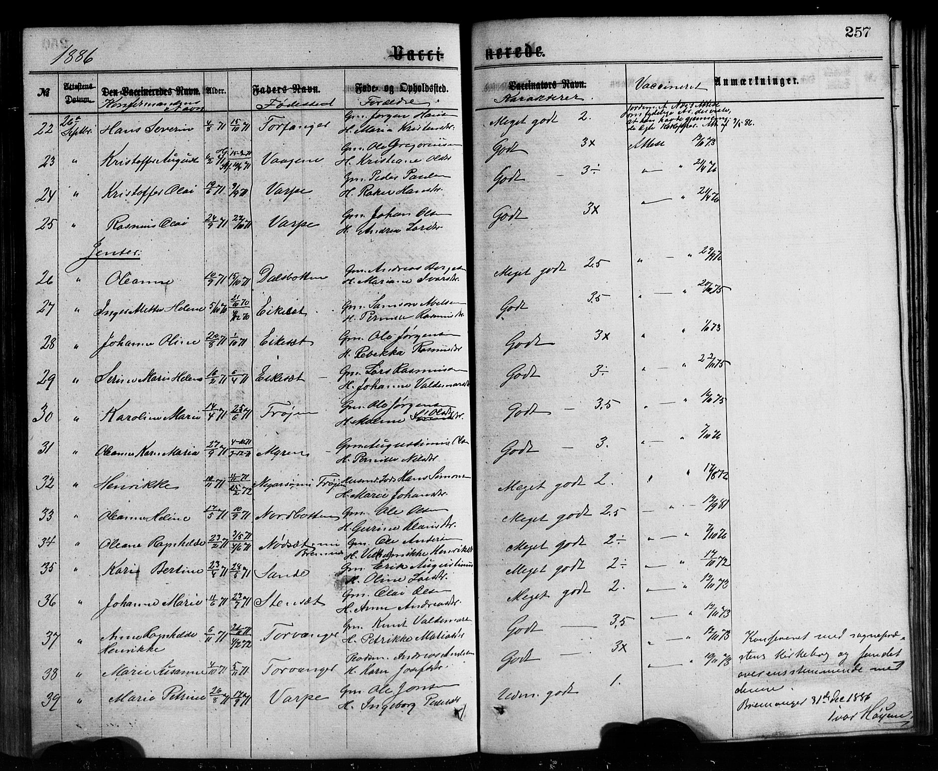 Bremanger sokneprestembete, AV/SAB-A-82201/H/Hab/Haba/L0002: Klokkerbok nr. A 2, 1866-1889, s. 257