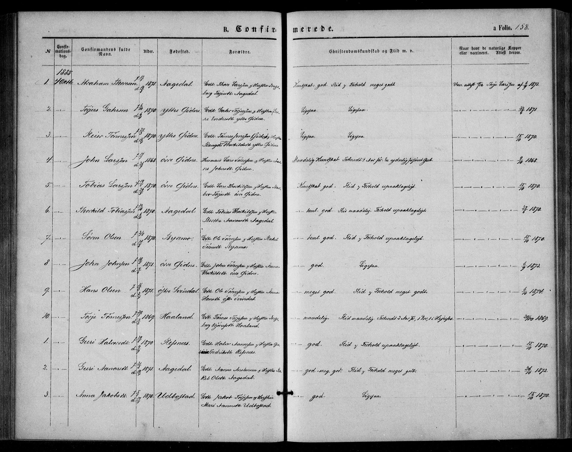 Bjelland sokneprestkontor, SAK/1111-0005/F/Fa/Fac/L0002: Ministerialbok nr. A 2, 1866-1887, s. 158