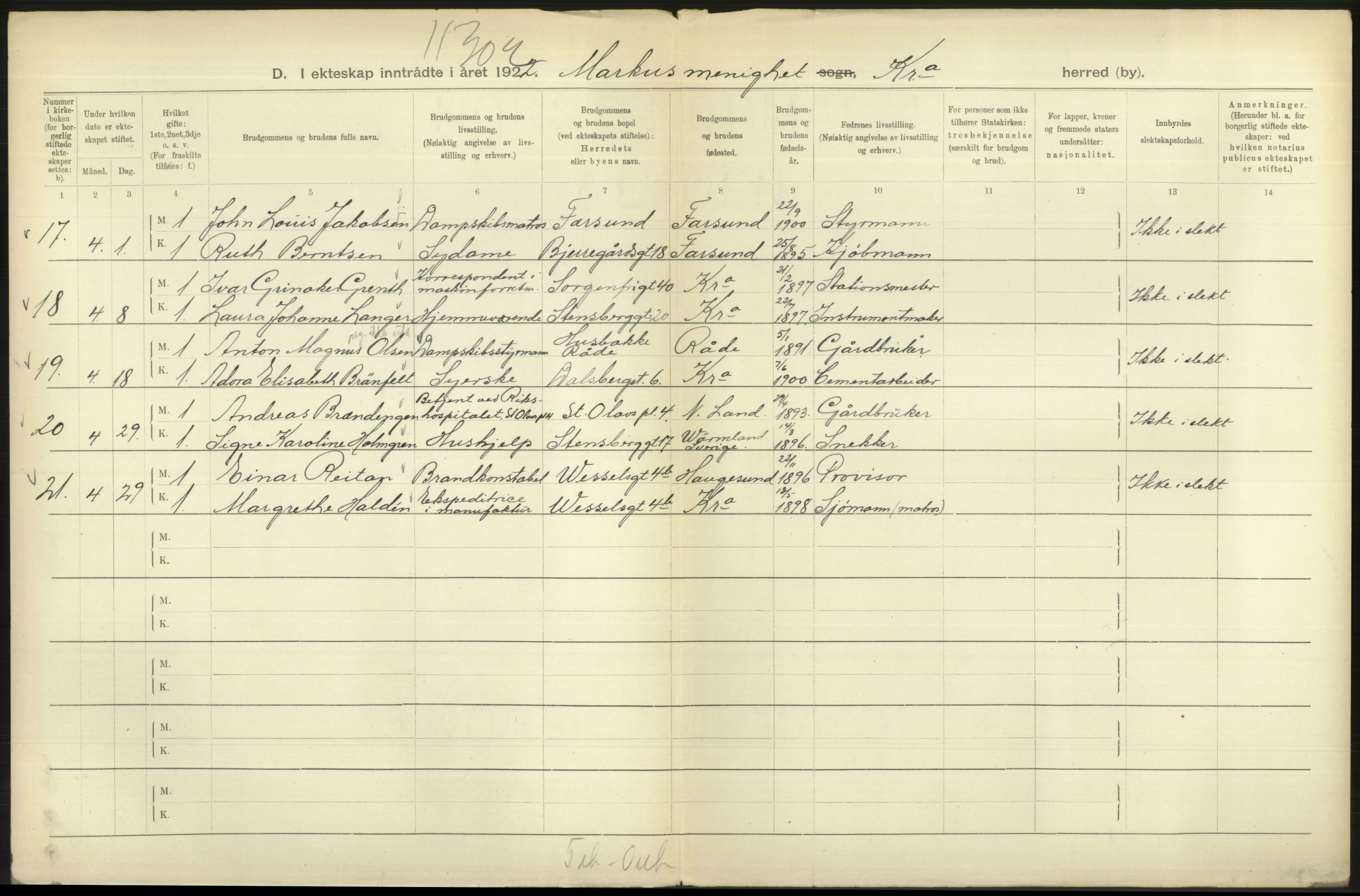 Statistisk sentralbyrå, Sosiodemografiske emner, Befolkning, AV/RA-S-2228/D/Df/Dfc/Dfcb/L0008: Kristiania: Gifte, 1922, s. 614