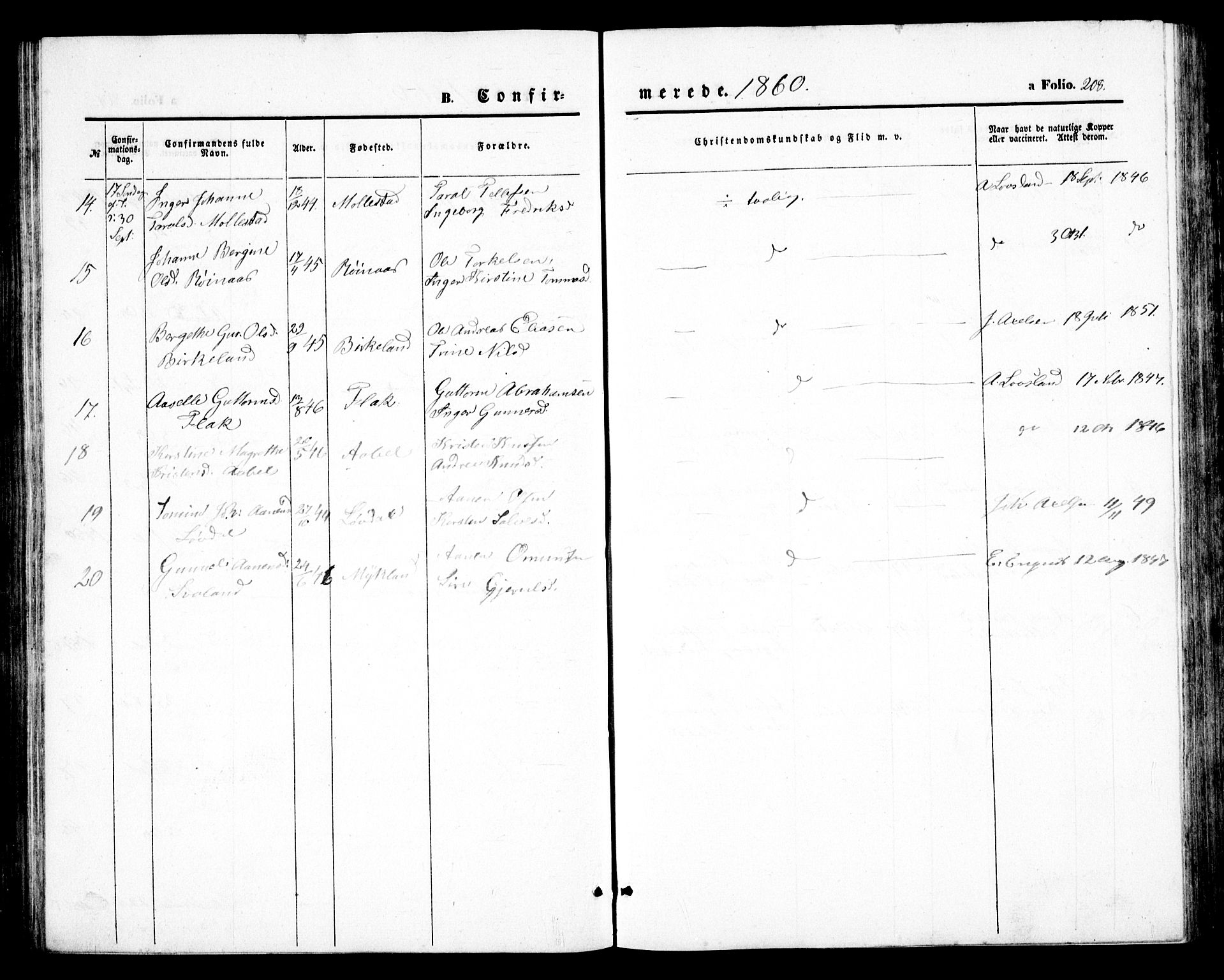 Birkenes sokneprestkontor, AV/SAK-1111-0004/F/Fb/L0002: Klokkerbok nr. B 2, 1849-1876, s. 208