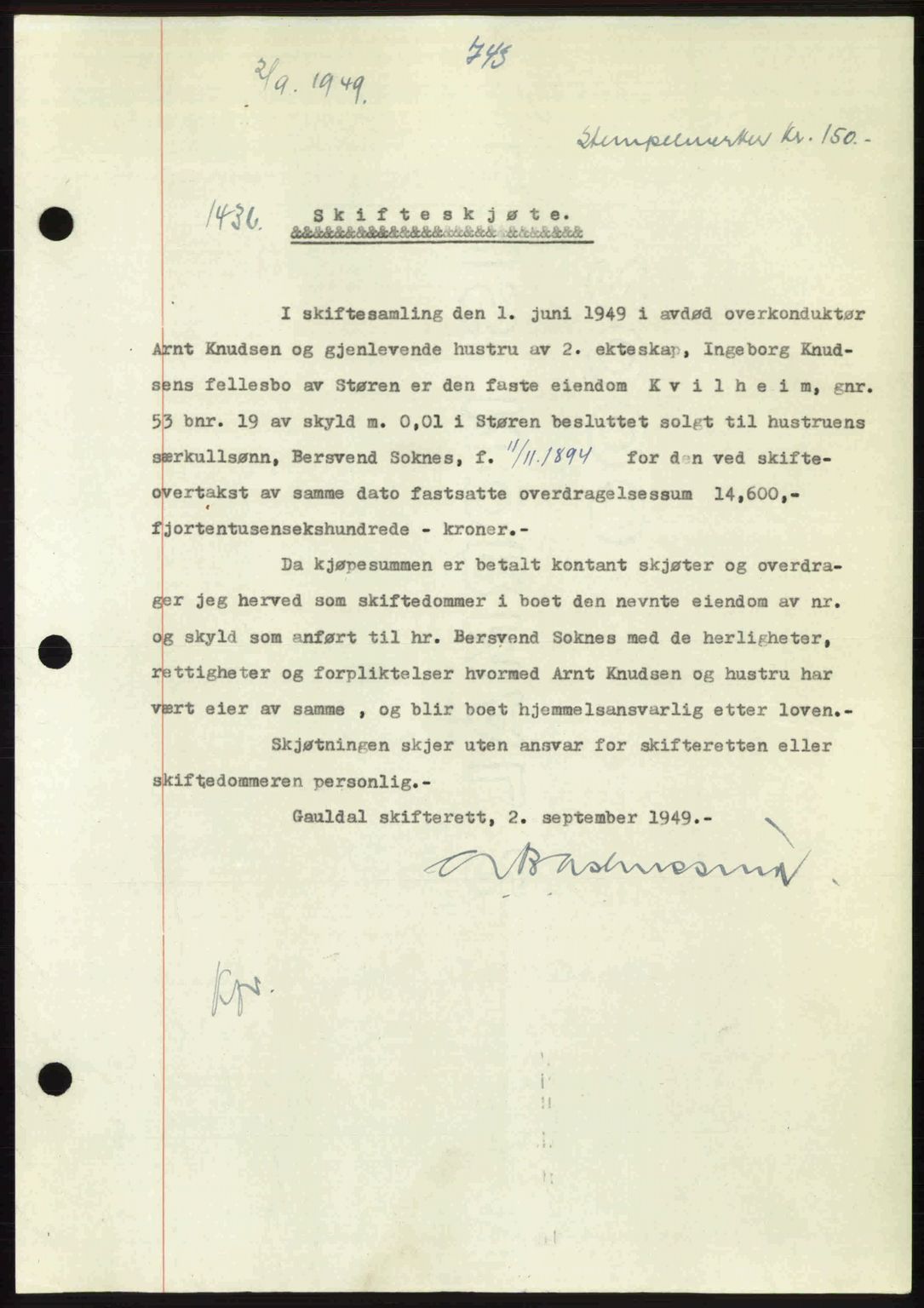 Gauldal sorenskriveri, SAT/A-0014/1/2/2C: Pantebok nr. A8, 1949-1949, Dagboknr: 1436/1949