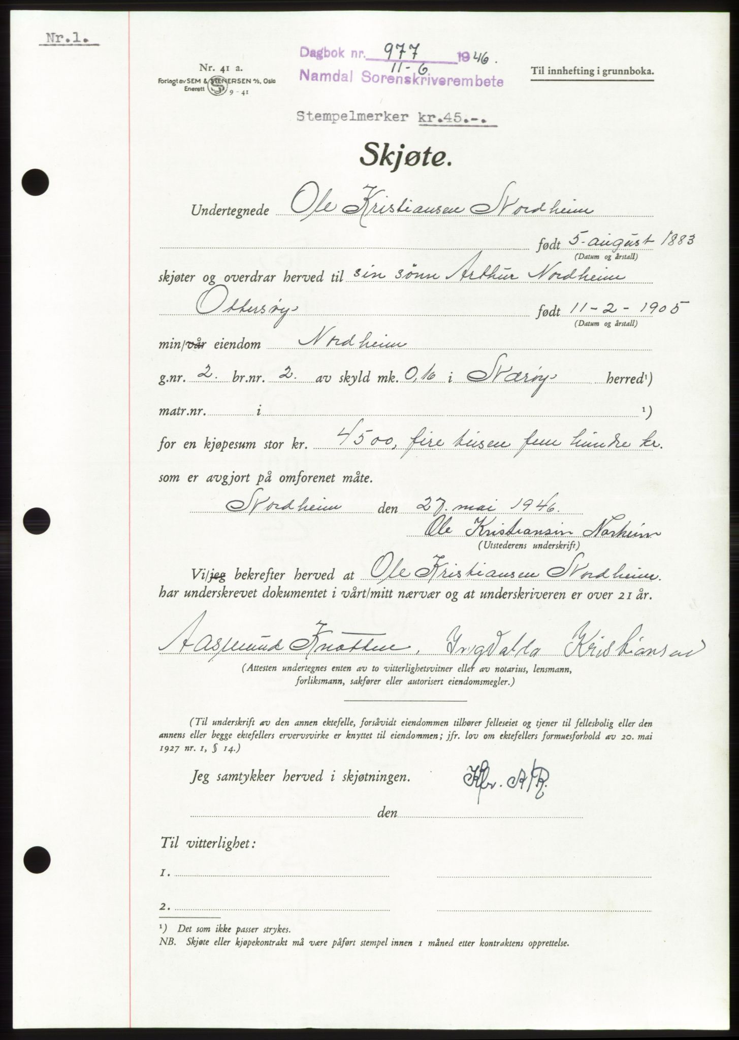 Namdal sorenskriveri, SAT/A-4133/1/2/2C: Pantebok nr. -, 1946-1946, Dagboknr: 977/1946