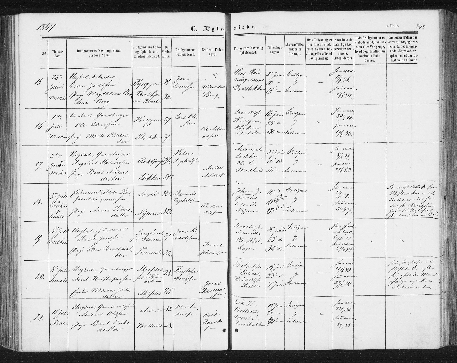 Ministerialprotokoller, klokkerbøker og fødselsregistre - Sør-Trøndelag, SAT/A-1456/691/L1077: Ministerialbok nr. 691A09, 1862-1873, s. 303