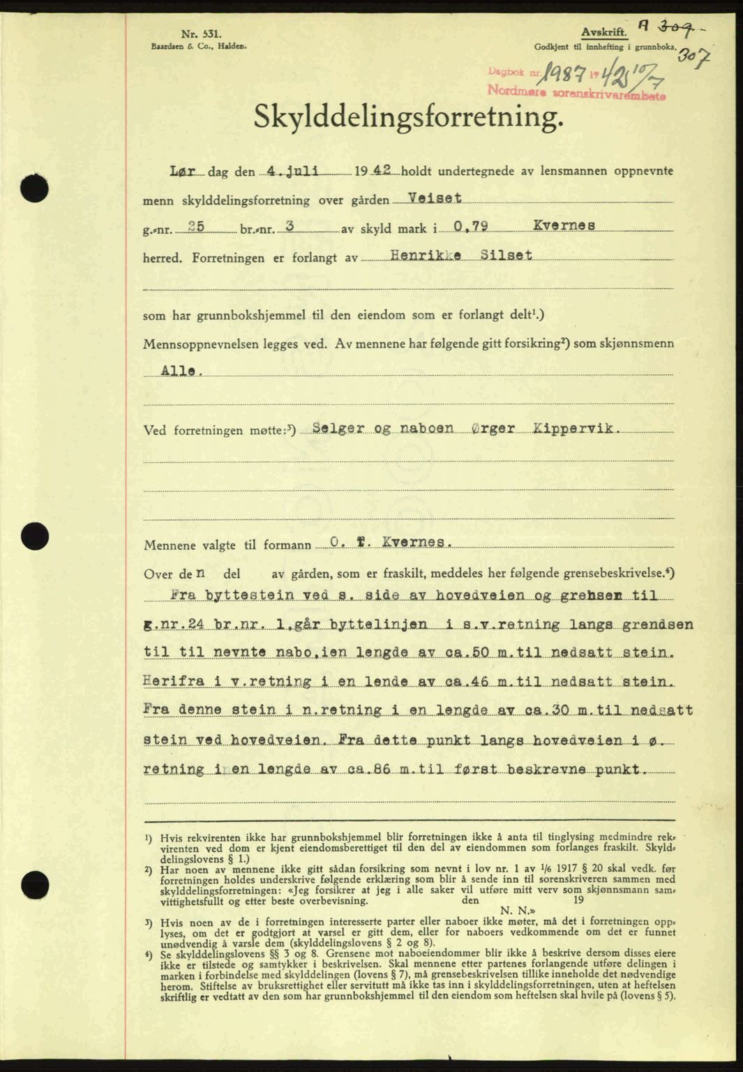 Nordmøre sorenskriveri, SAT/A-4132/1/2/2Ca: Pantebok nr. A93, 1942-1942, Dagboknr: 1887/1942