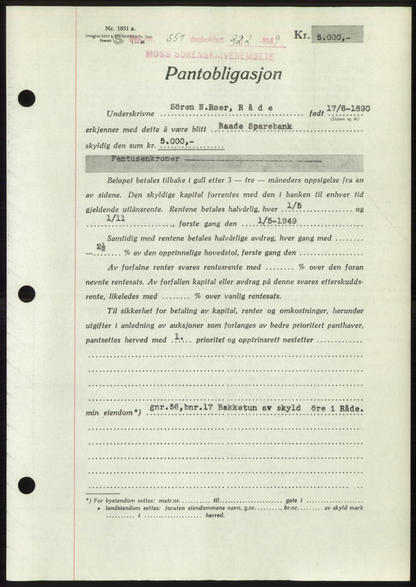 Moss sorenskriveri, SAO/A-10168: Pantebok nr. B21, 1949-1949, Dagboknr: 551/1949