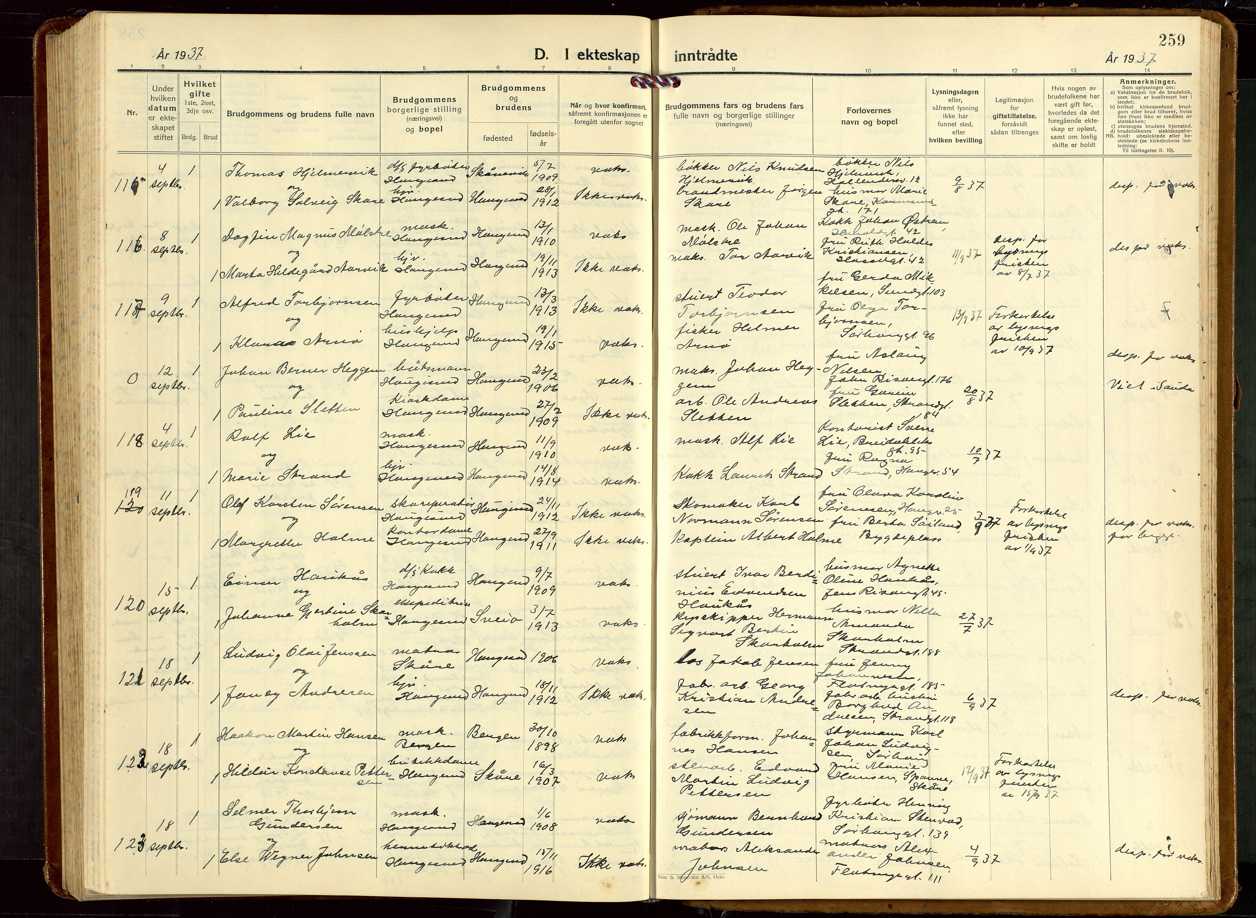 Haugesund sokneprestkontor, SAST/A -101863/H/Ha/Hab/L0013: Klokkerbok nr. B 13, 1931-1943, s. 259