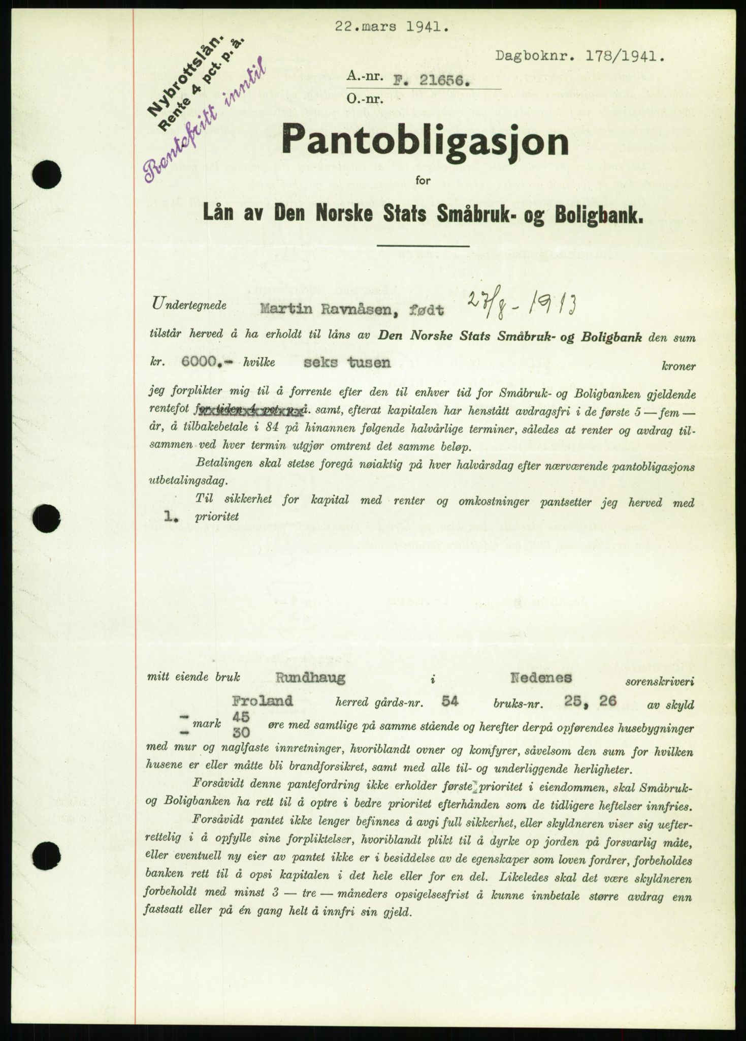 Nedenes sorenskriveri, SAK/1221-0006/G/Gb/Gbb/L0001: Pantebok nr. I, 1939-1942, Dagboknr: 178/1941