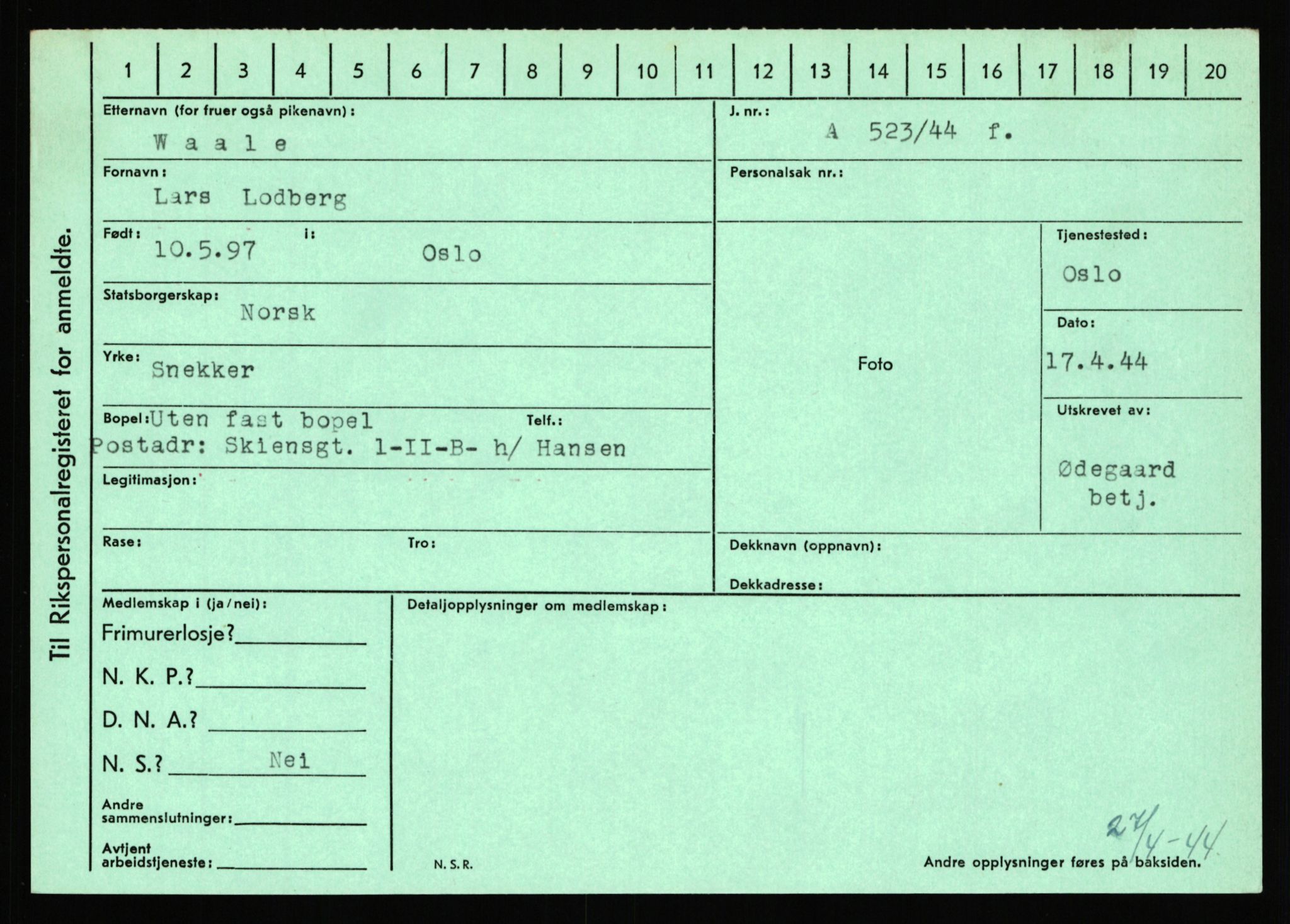 Statspolitiet - Hovedkontoret / Osloavdelingen, AV/RA-S-1329/C/Ca/L0016: Uberg - Øystese, 1943-1945, s. 1599