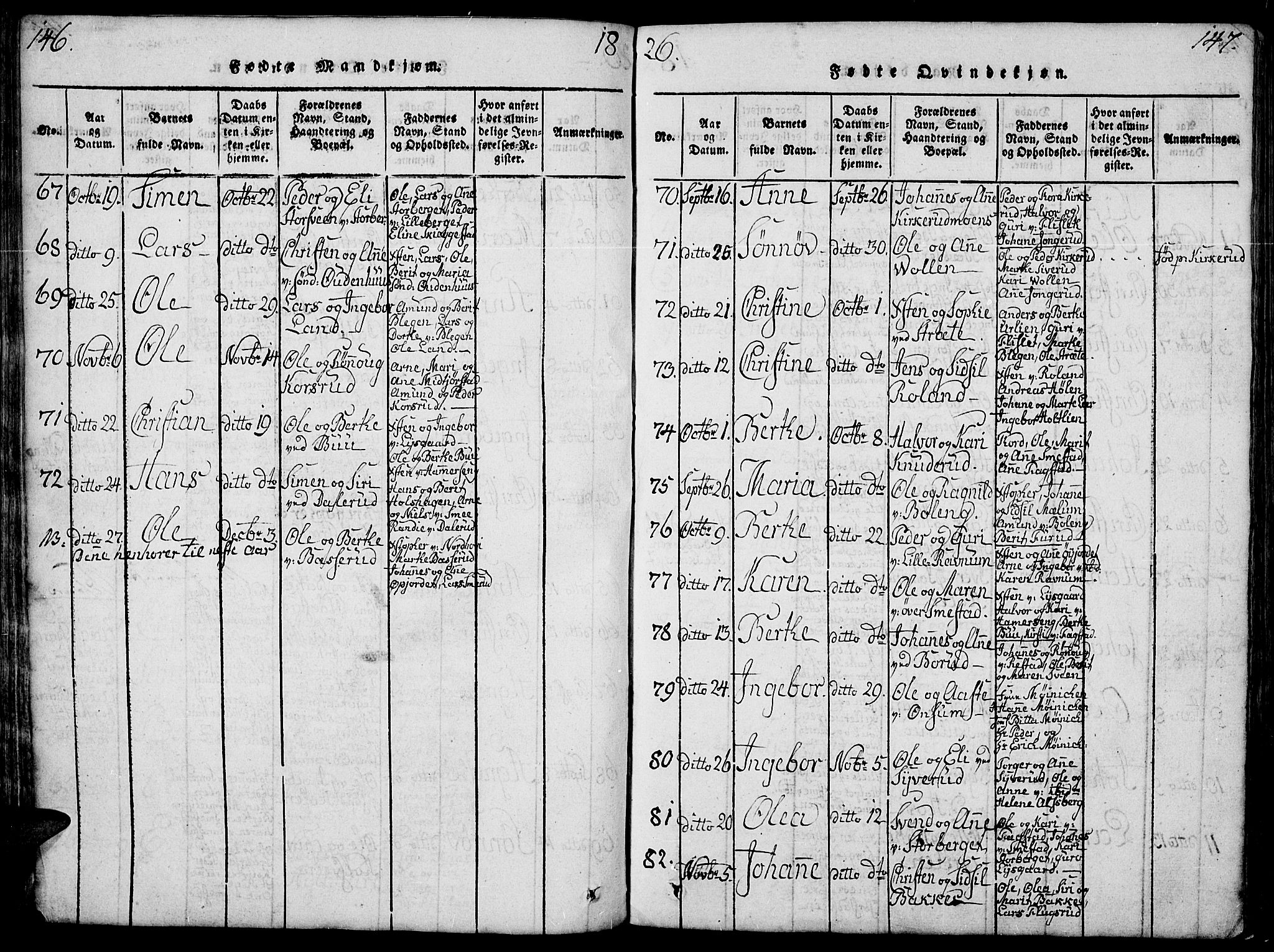 Fåberg prestekontor, SAH/PREST-086/H/Ha/Hab/L0004: Klokkerbok nr. 4, 1818-1837, s. 146-147