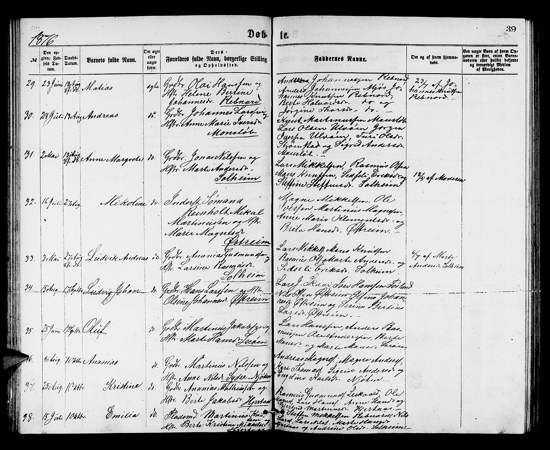 Lindås Sokneprestembete, AV/SAB-A-76701/H/Hab/Habc/L0002: Klokkerbok nr. C 2, 1868-1885, s. 39