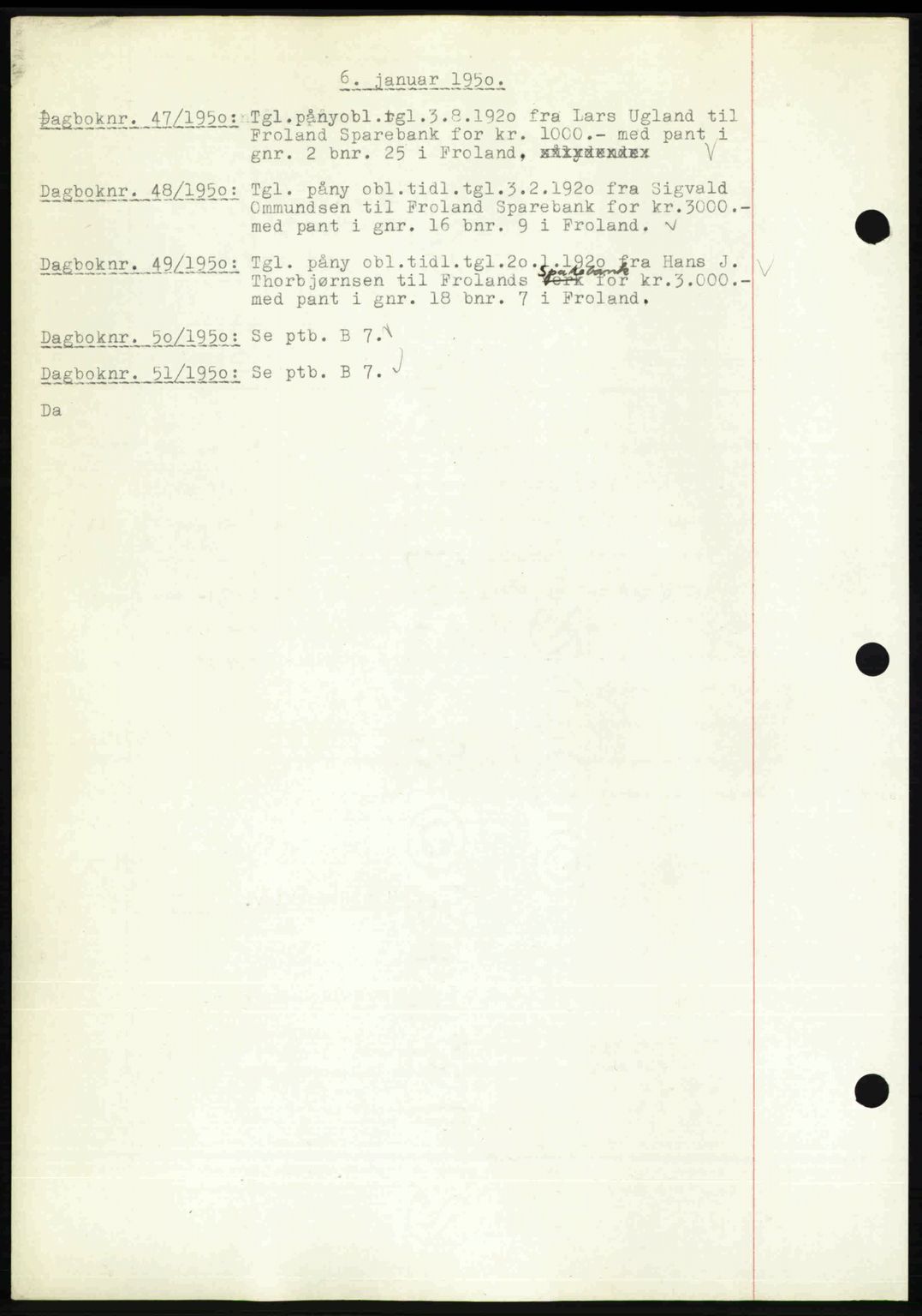 Nedenes sorenskriveri, SAK/1221-0006/G/Gb/Gba/L0062: Pantebok nr. A14, 1949-1950, Dagboknr: 47/1950
