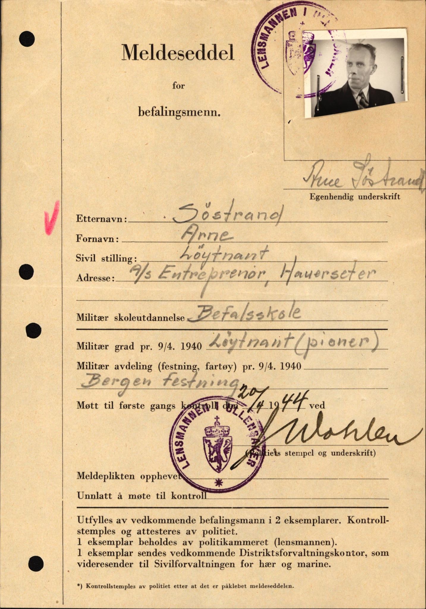 Forsvaret, Forsvarets krigshistoriske avdeling, AV/RA-RAFA-2017/Y/Yf/L0209: II-C-11-2121  -  Okkupasjonstiden.  Meldesedler for befal med foto og oppl. om militær grad 9. apr. 1940., 1944-1945, s. 1030