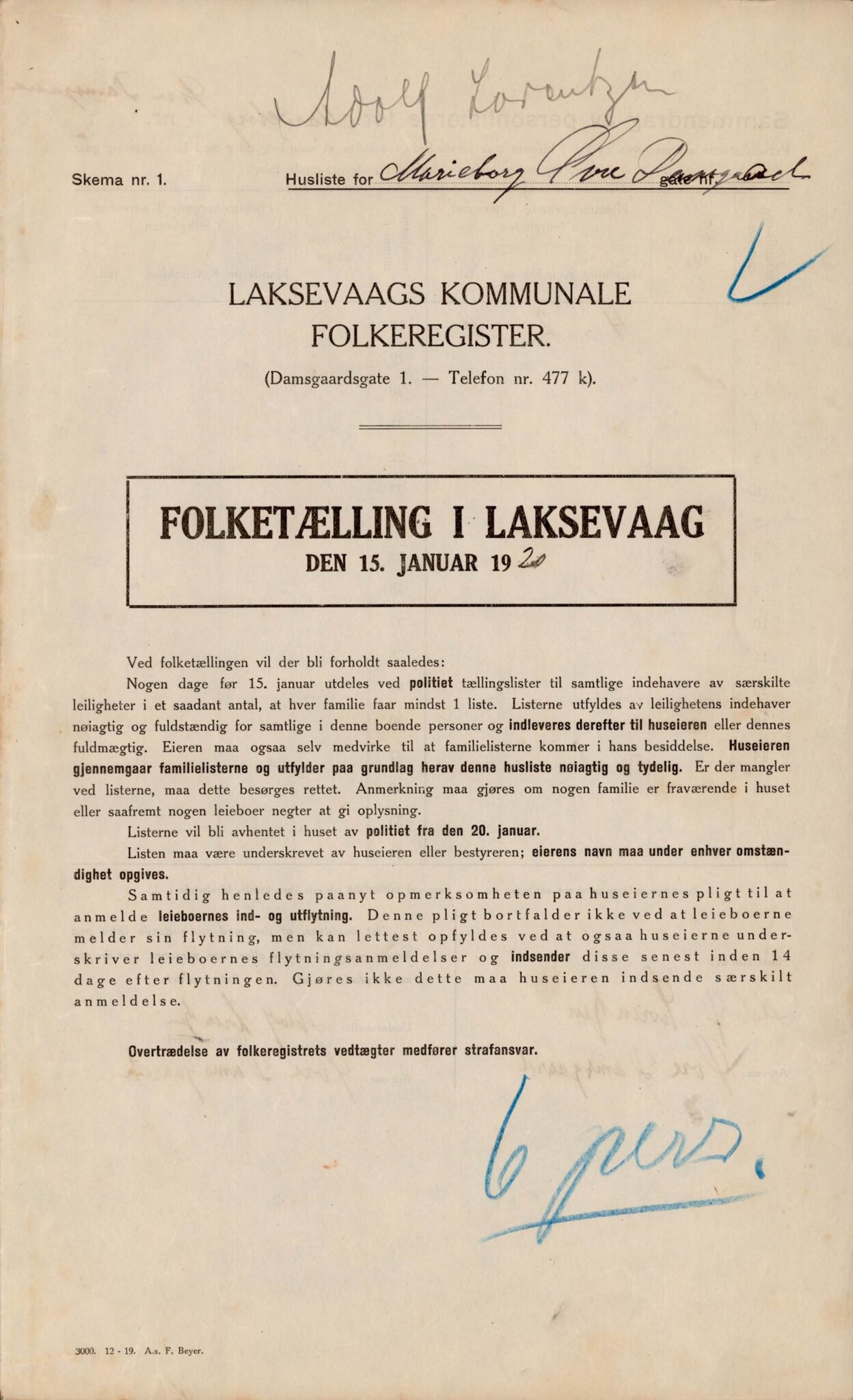 Laksevåg kommune. Folkeregisteret, BBA/A-1586/E/Ea/L0003: Folketellingskjema 1920, 1920