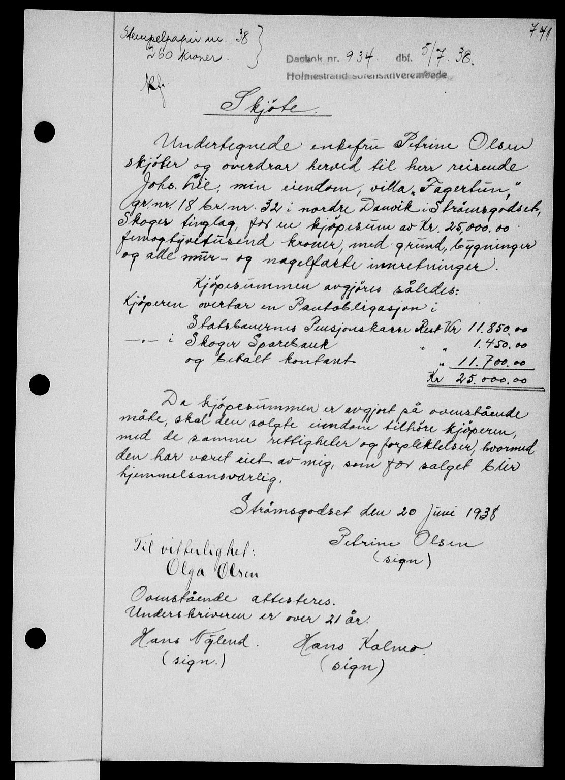 Holmestrand sorenskriveri, SAKO/A-67/G/Ga/Gaa/L0049: Pantebok nr. A-49, 1937-1938, Dagboknr: 934/1938