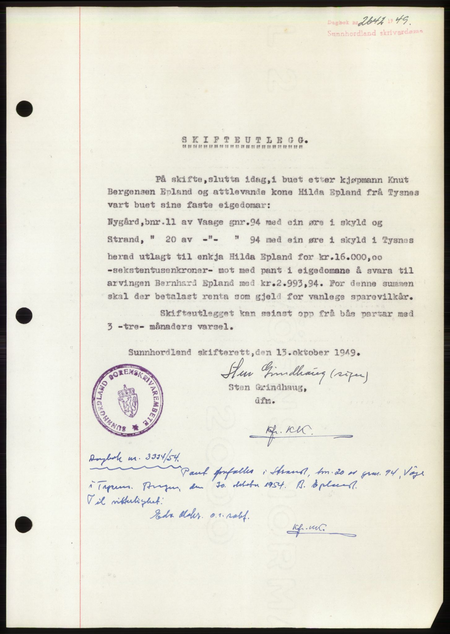 Sunnhordland sorenskrivar, AV/SAB-A-2401: Pantebok nr. B75-79, 1948-1950, Dagboknr: 2642/1949
