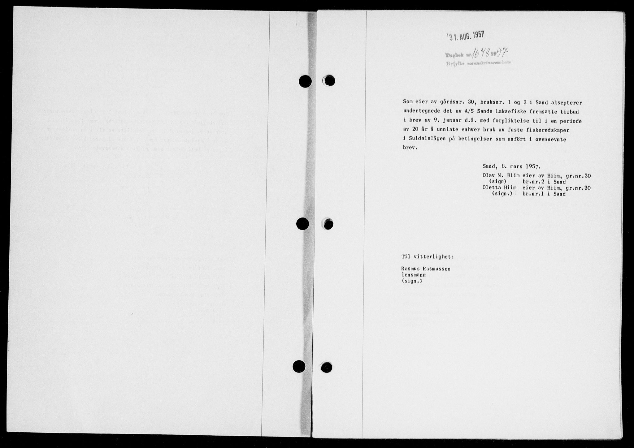 Ryfylke tingrett, SAST/A-100055/001/II/IIB/L0138: Pantebok nr. 117, 1957-1957, Dagboknr: 1678/1957
