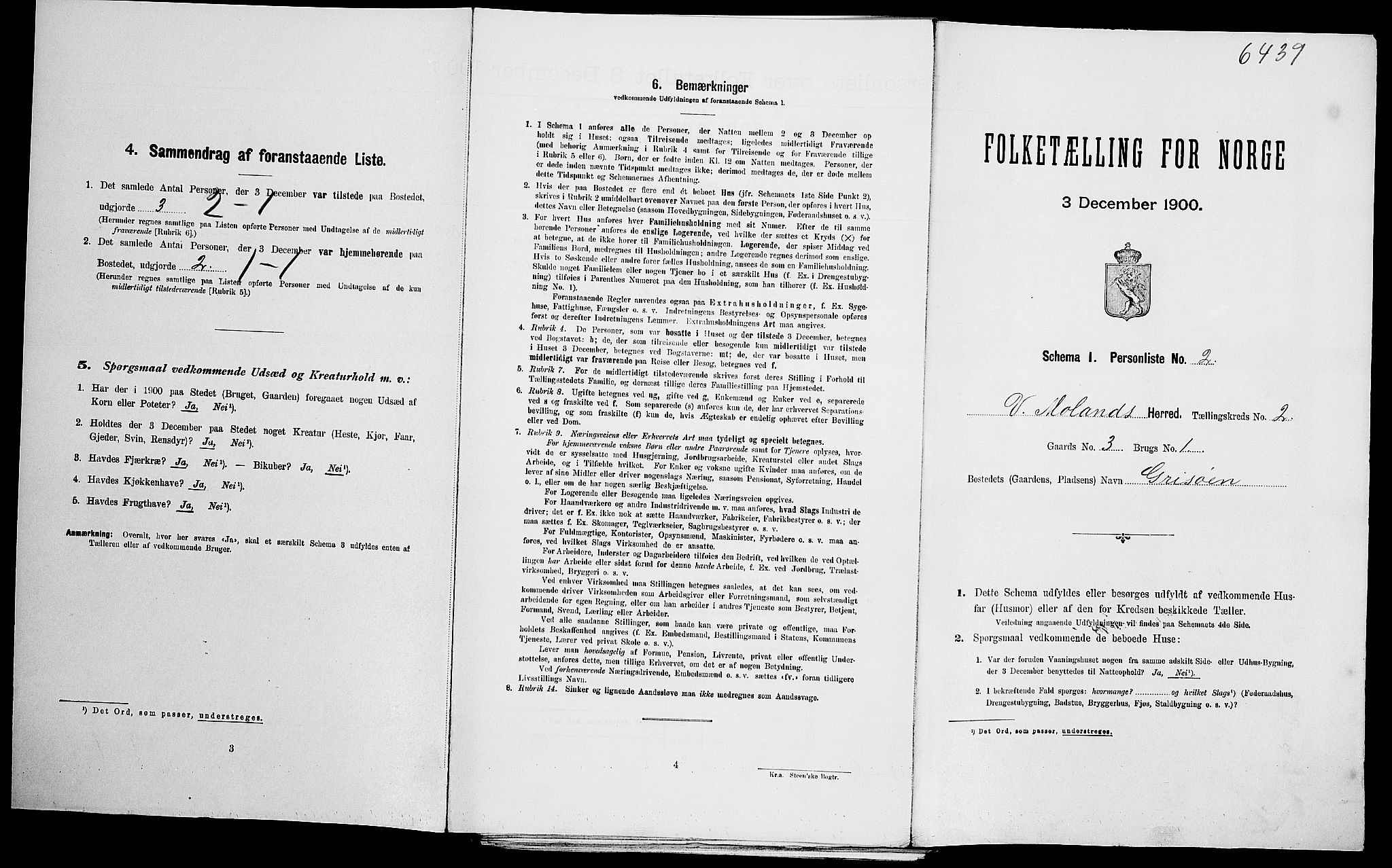 SAK, Folketelling 1900 for 0926 Vestre Moland herred, 1900, s. 239