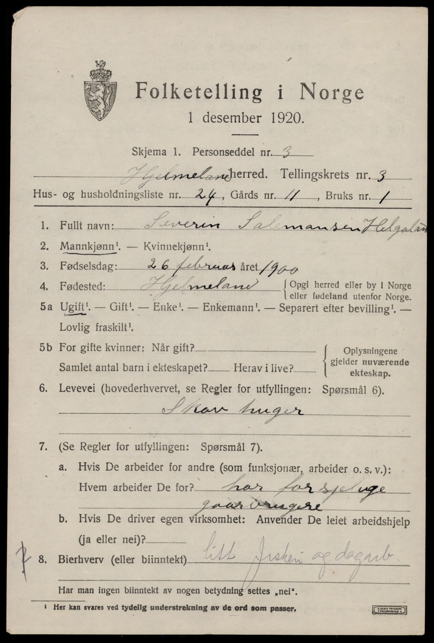 SAST, Folketelling 1920 for 1133 Hjelmeland herred, 1920, s. 1505