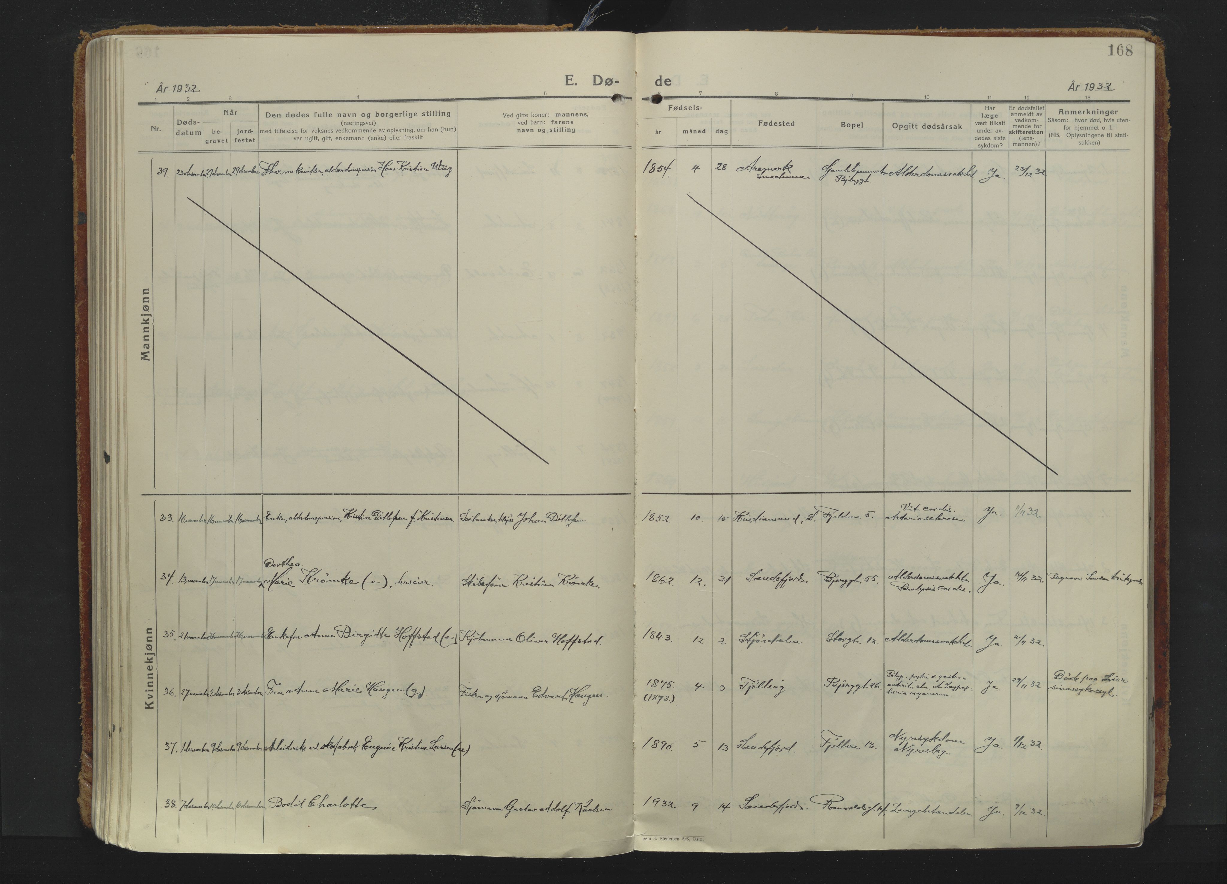 Sandefjord kirkebøker, AV/SAKO-A-315/F/Fa/L0009: Ministerialbok nr. 9, 1926-1945, s. 168