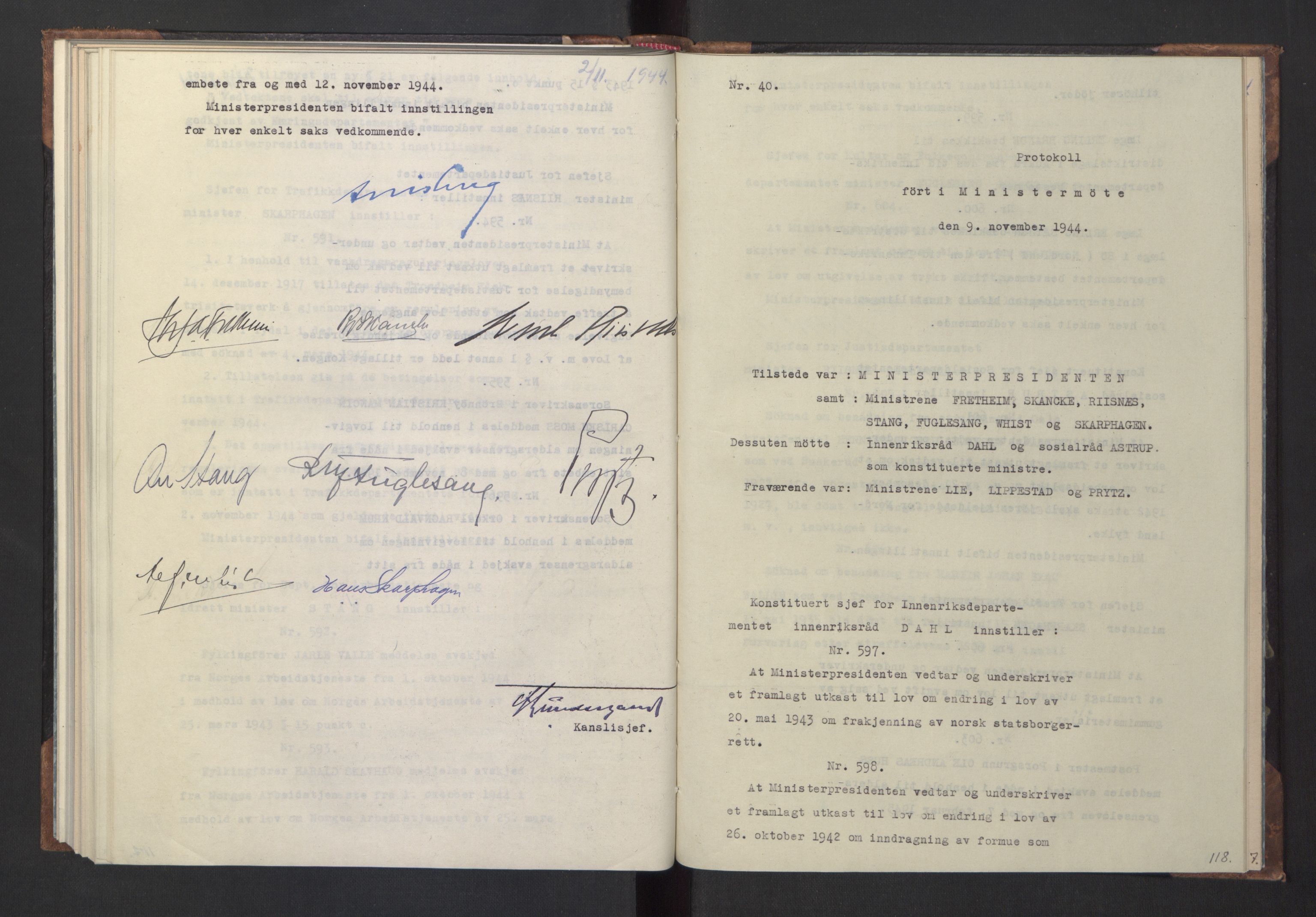 NS-administrasjonen 1940-1945 (Statsrådsekretariatet, de kommisariske statsråder mm), AV/RA-S-4279/D/Da/L0005: Protokoll fra ministermøter, 1944, s. 120