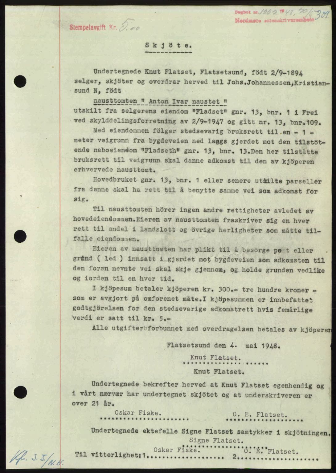 Nordmøre sorenskriveri, SAT/A-4132/1/2/2Ca: Pantebok nr. A108, 1948-1948, Dagboknr: 1252/1948
