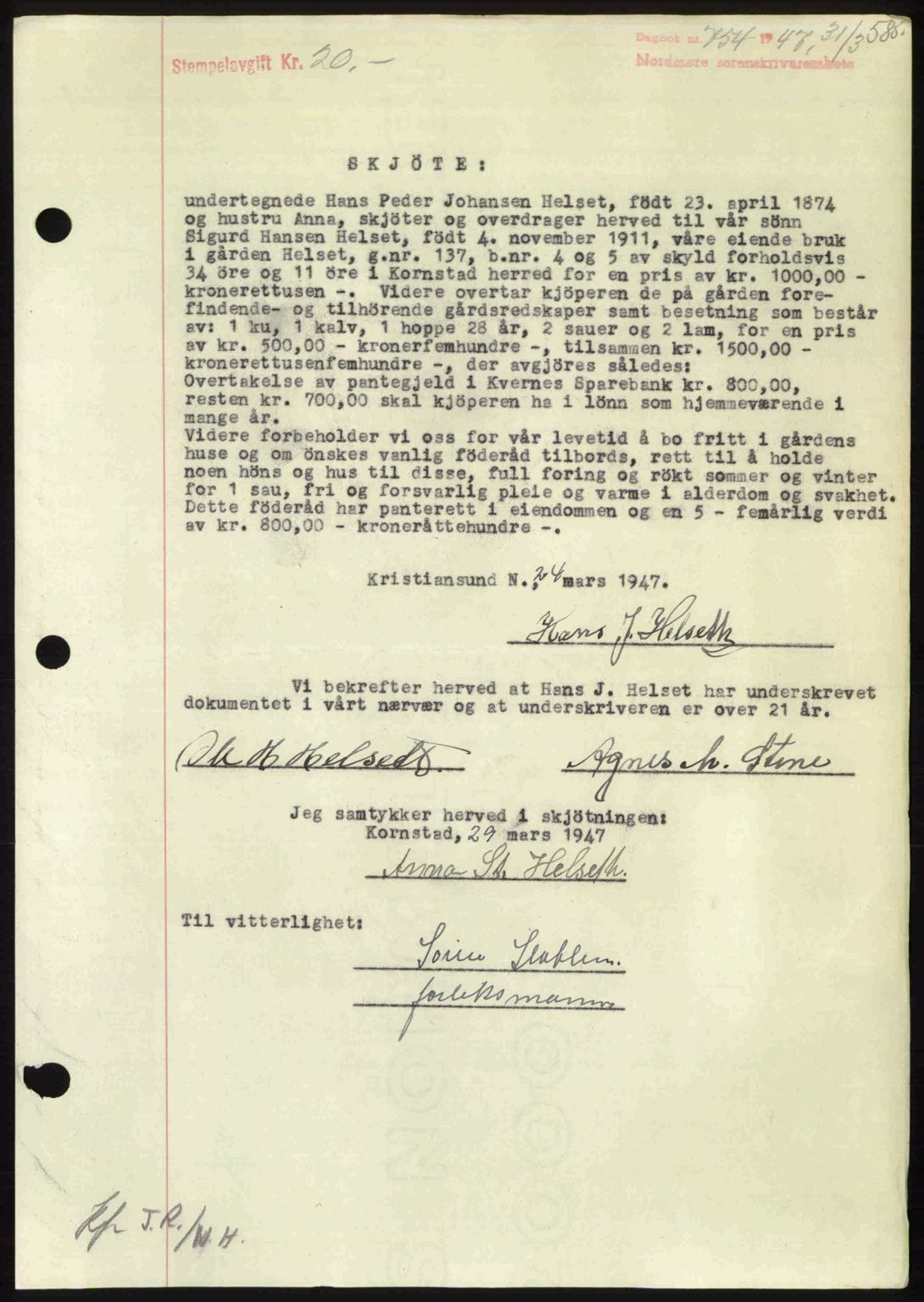 Nordmøre sorenskriveri, AV/SAT-A-4132/1/2/2Ca: Pantebok nr. A104, 1947-1947, Dagboknr: 754/1947