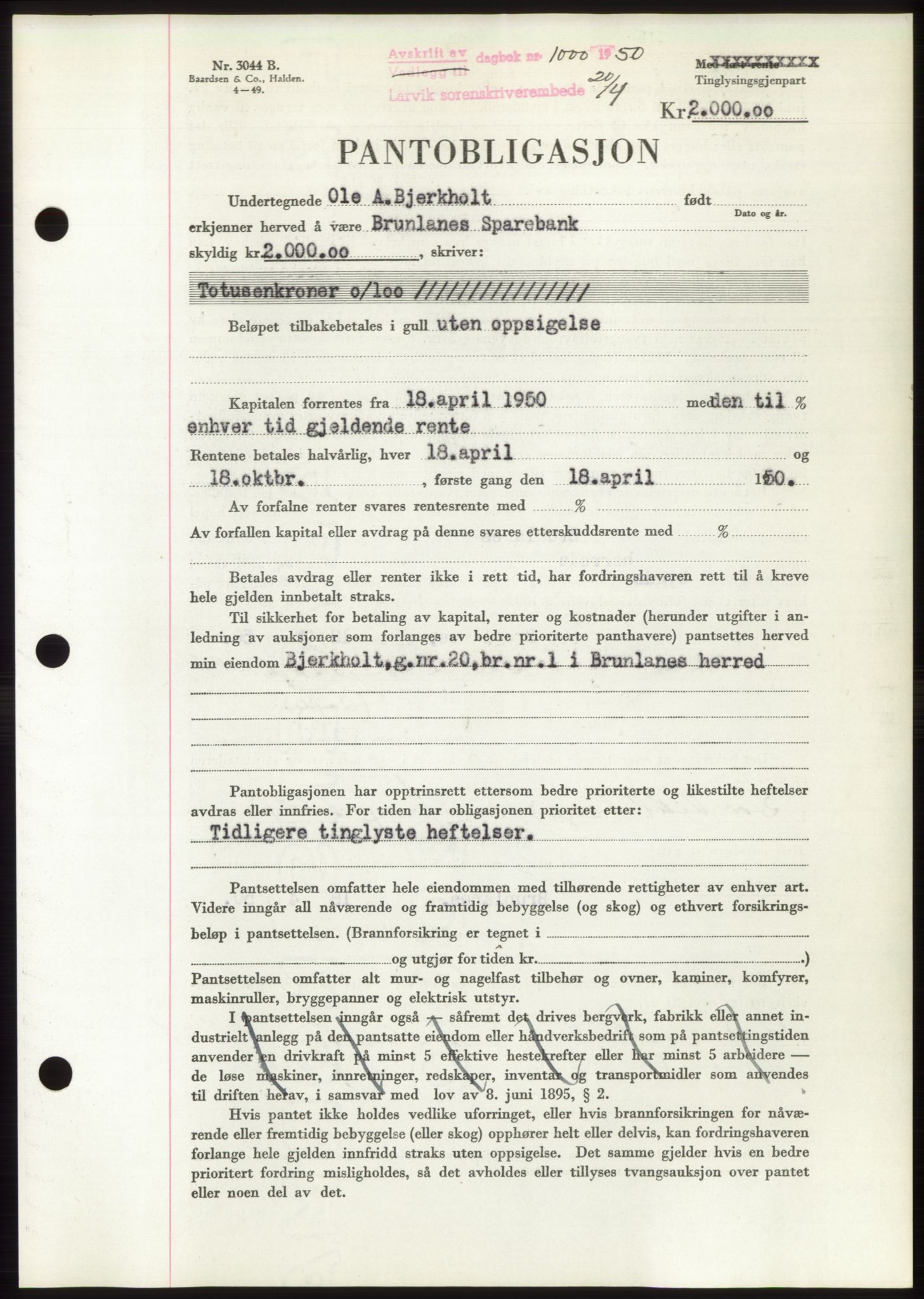 Larvik sorenskriveri, SAKO/A-83/G/Ga/Gac/L0017: Pantebok nr. B-17, 1949-1950, Dagboknr: 1000/1950