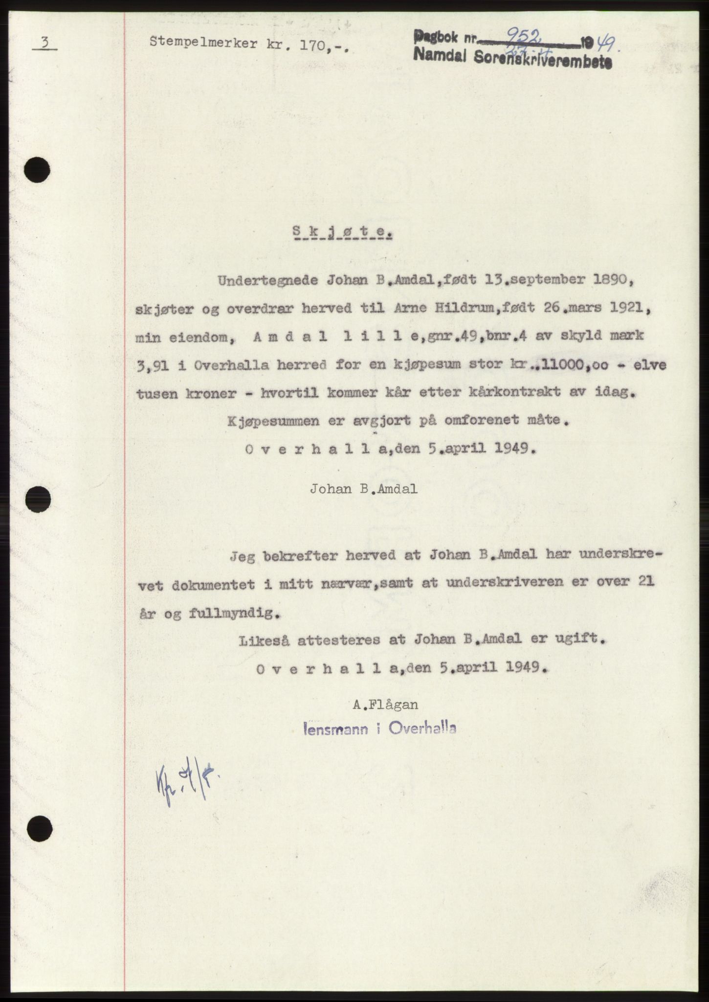 Namdal sorenskriveri, SAT/A-4133/1/2/2C: Pantebok nr. -, 1949-1949, Dagboknr: 952/1949