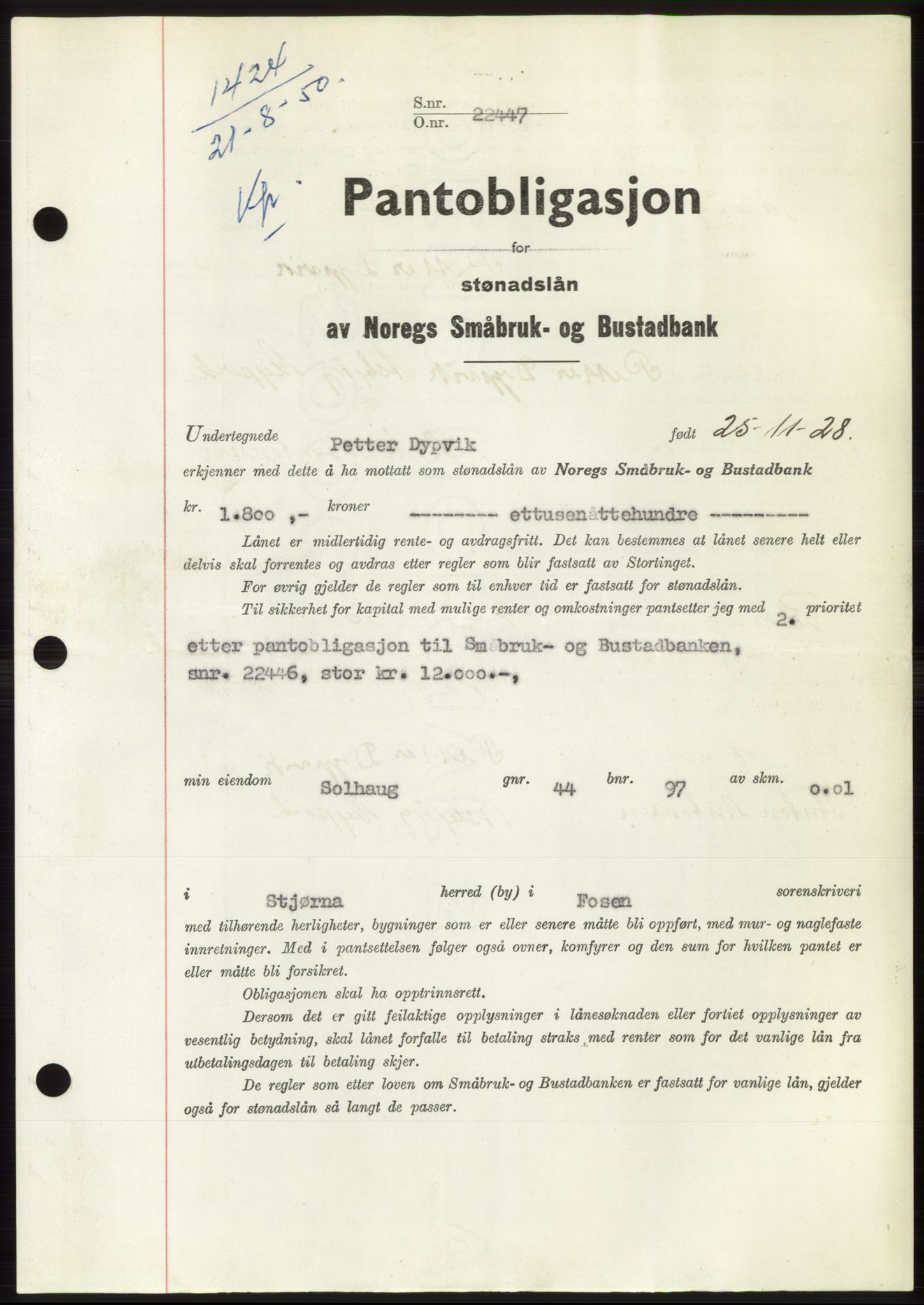 Fosen sorenskriveri, AV/SAT-A-1107/1/2/2C: Pantebok nr. B, 1948-1950, Dagboknr: 1424/1950