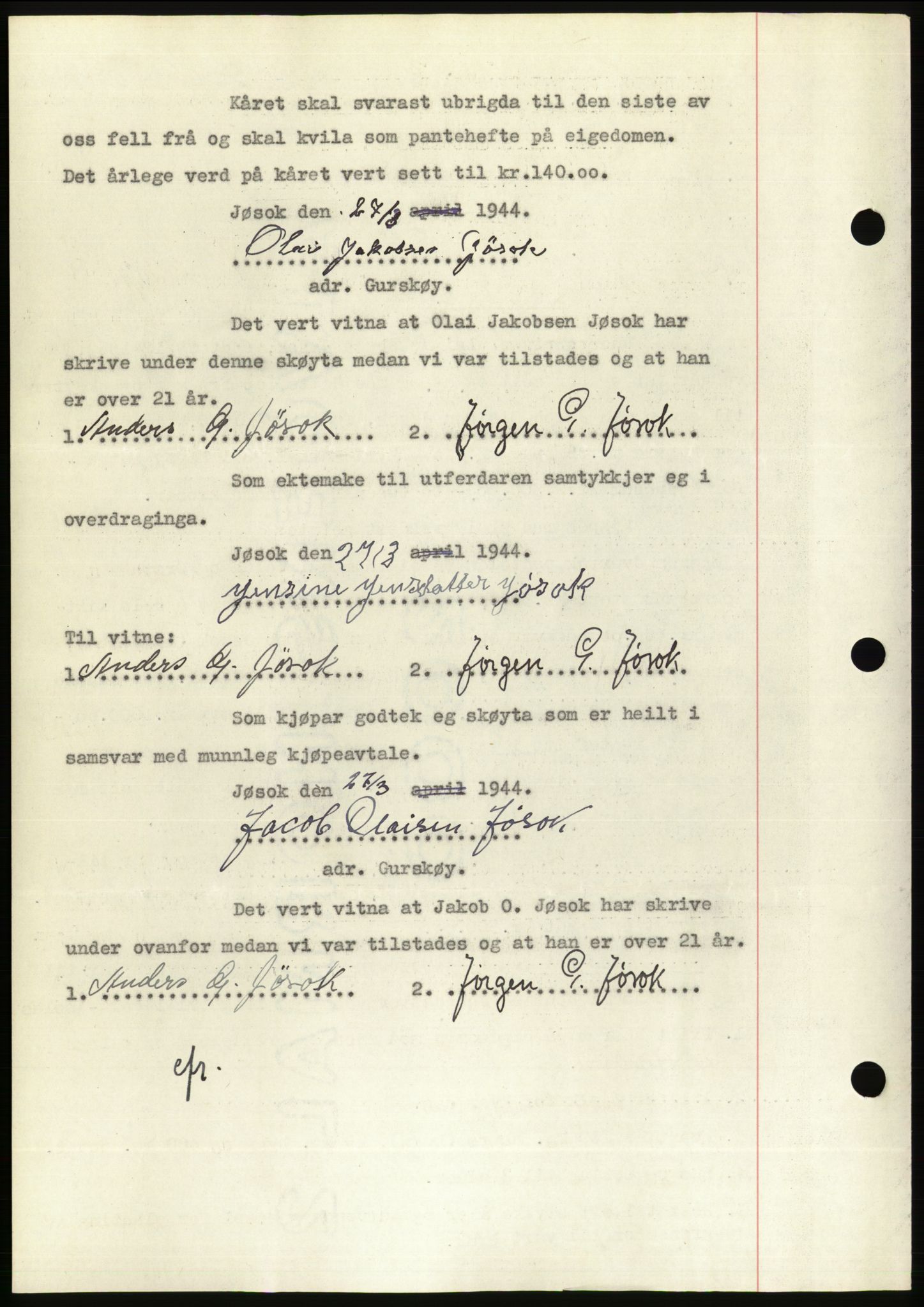 Søre Sunnmøre sorenskriveri, AV/SAT-A-4122/1/2/2C/L0076: Pantebok nr. 2A, 1943-1944, Dagboknr: 201/1944