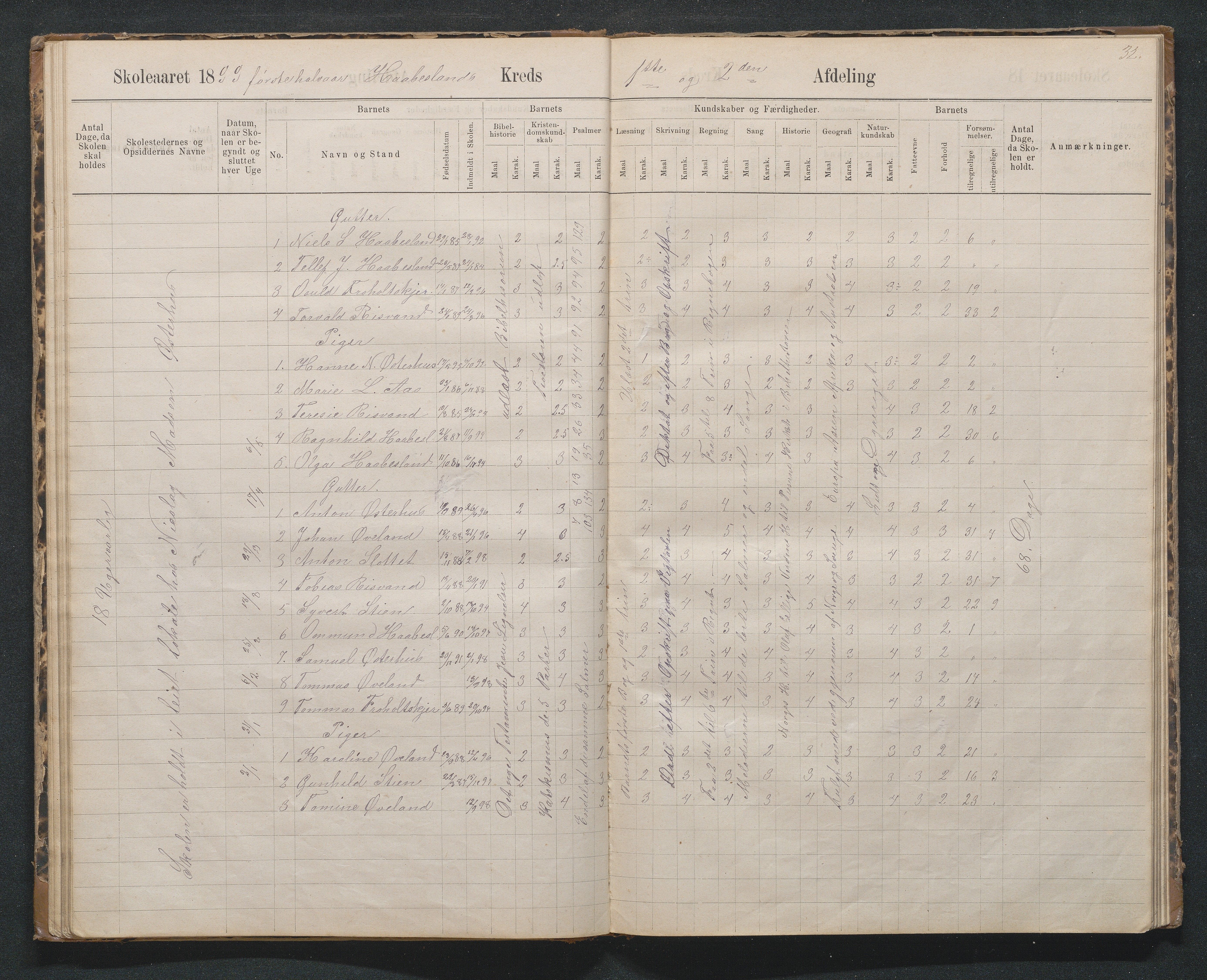 Birkenes kommune, Håbesland, Holte og Rislå skolekretser frem til 1991, AAKS/KA0928-550c_91/F02/L0002: Skoleprotokoll Håbesland, Holte og Rislå, 1888-1917, s. 32