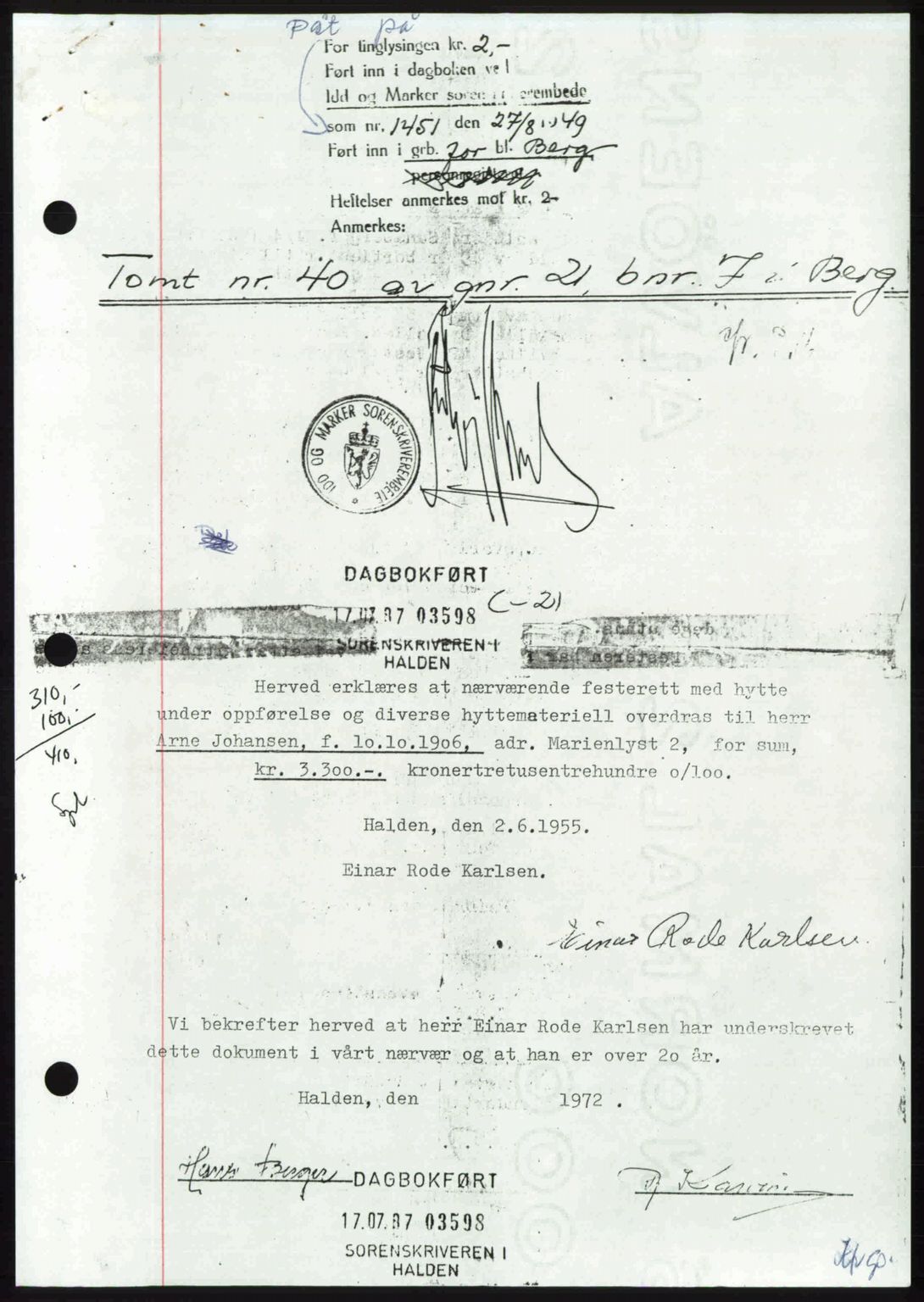 Idd og Marker sorenskriveri, AV/SAO-A-10283/G/Gb/Gbb/L0012: Pantebok nr. A12, 1949-1949, Dagboknr: 1451/1949