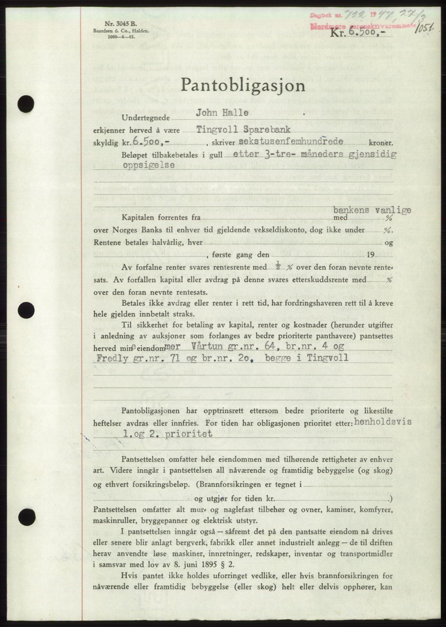 Nordmøre sorenskriveri, SAT/A-4132/1/2/2Ca: Pantebok nr. B95, 1946-1947, Dagboknr: 722/1947