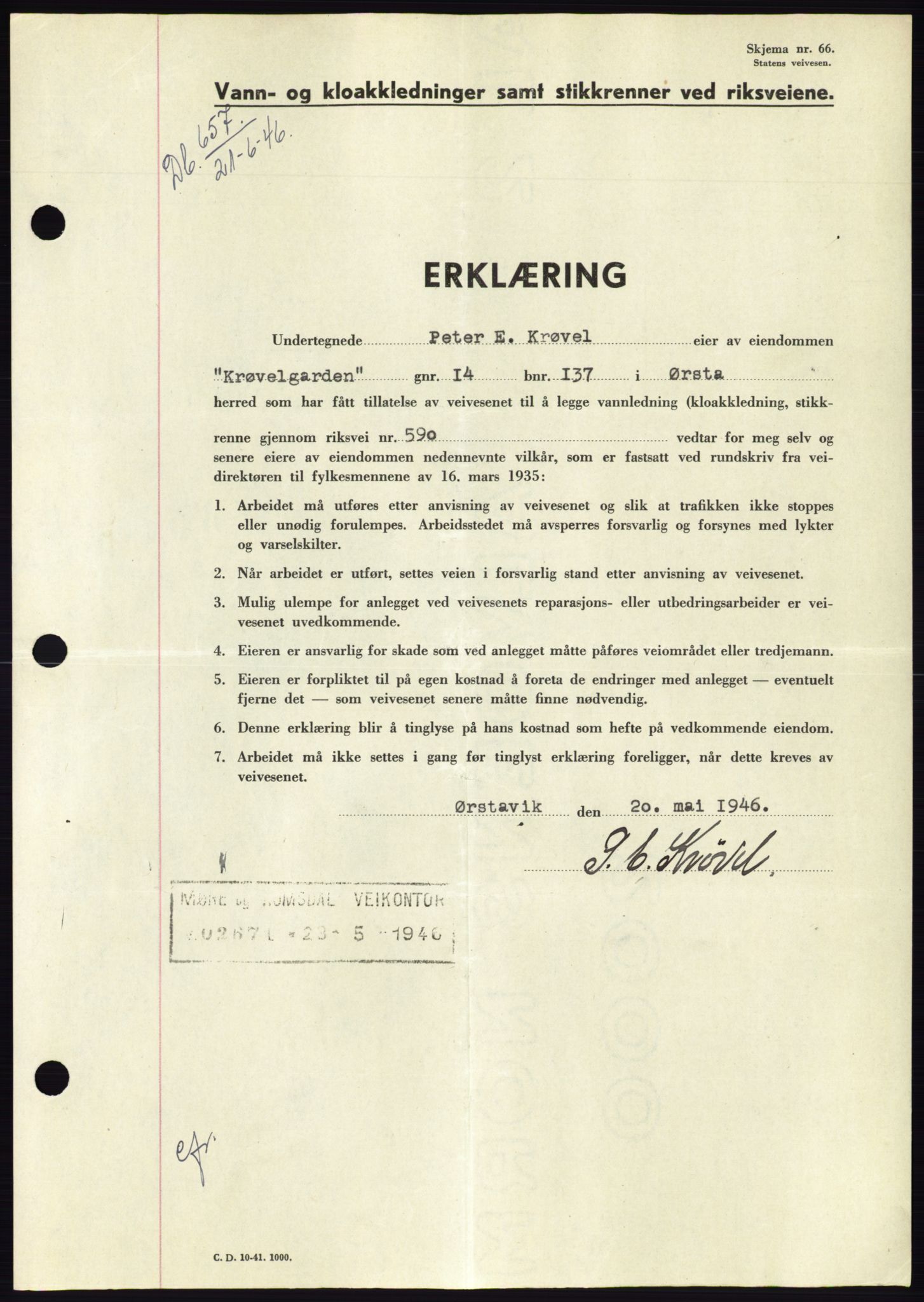 Søre Sunnmøre sorenskriveri, AV/SAT-A-4122/1/2/2C/L0078: Pantebok nr. 4A, 1946-1946, Dagboknr: 657/1946