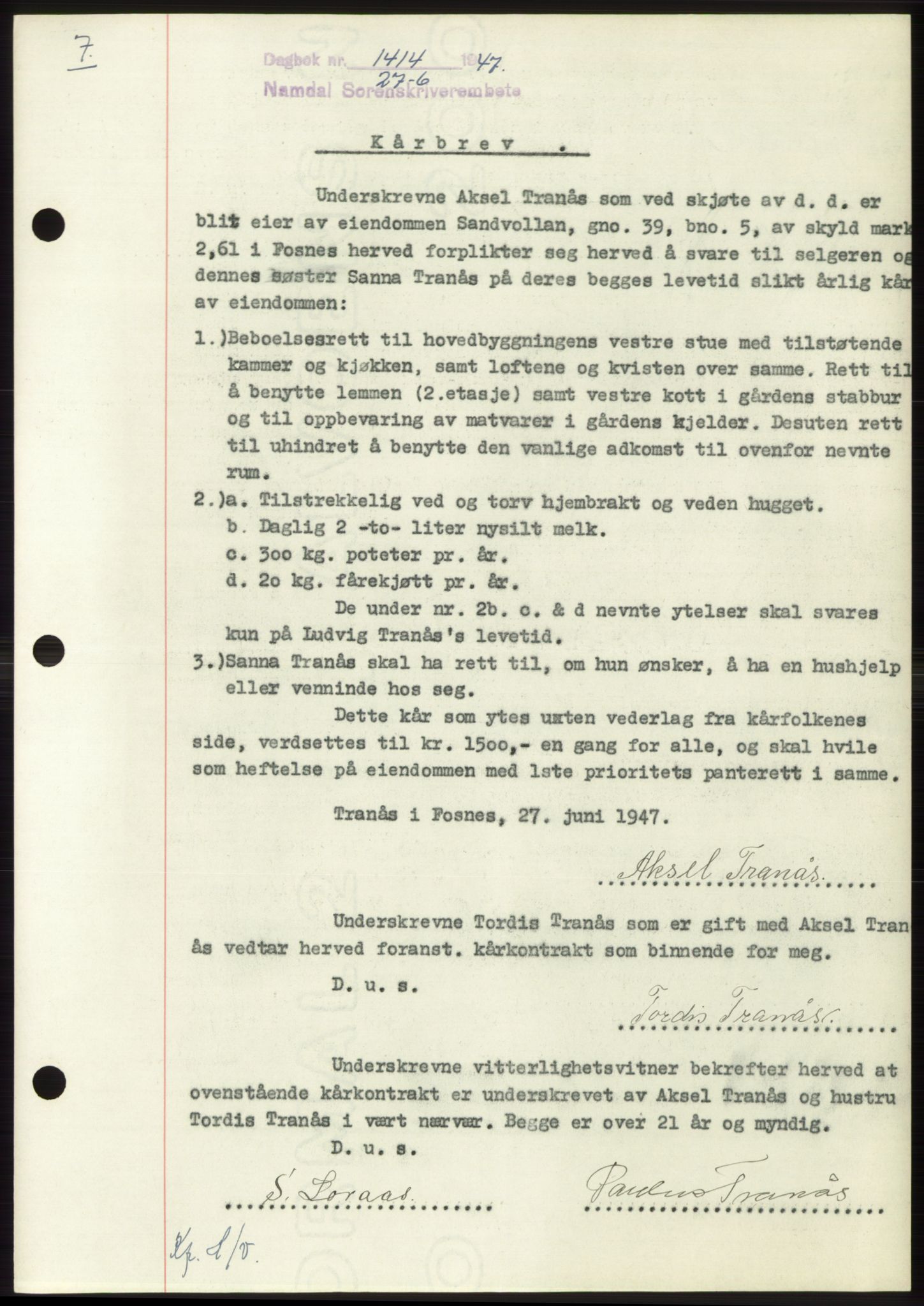 Namdal sorenskriveri, SAT/A-4133/1/2/2C: Pantebok nr. -, 1947-1947, Dagboknr: 1414/1947