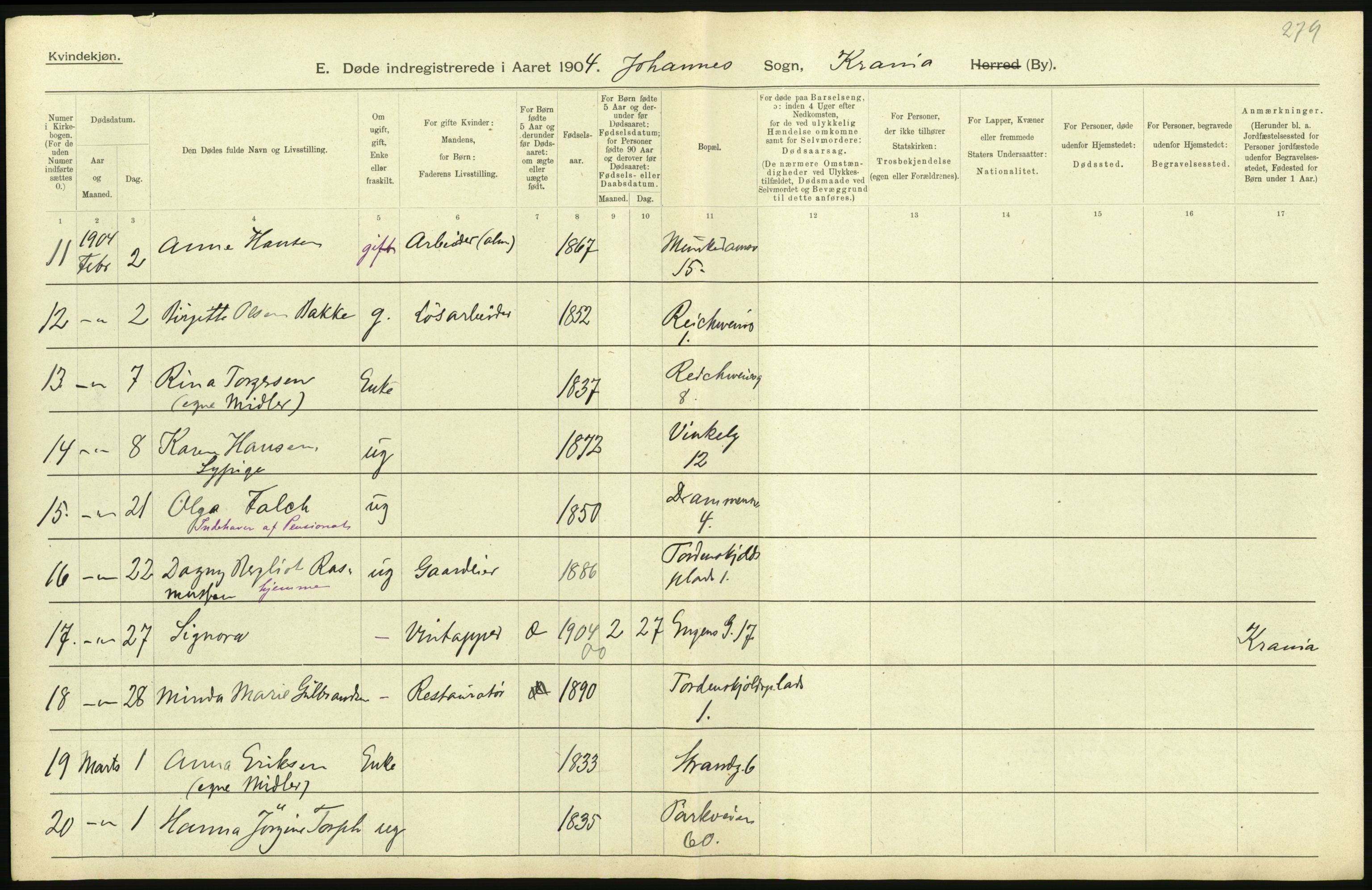 Statistisk sentralbyrå, Sosiodemografiske emner, Befolkning, AV/RA-S-2228/D/Df/Dfa/Dfab/L0004: Kristiania: Gifte, døde, 1904, s. 469