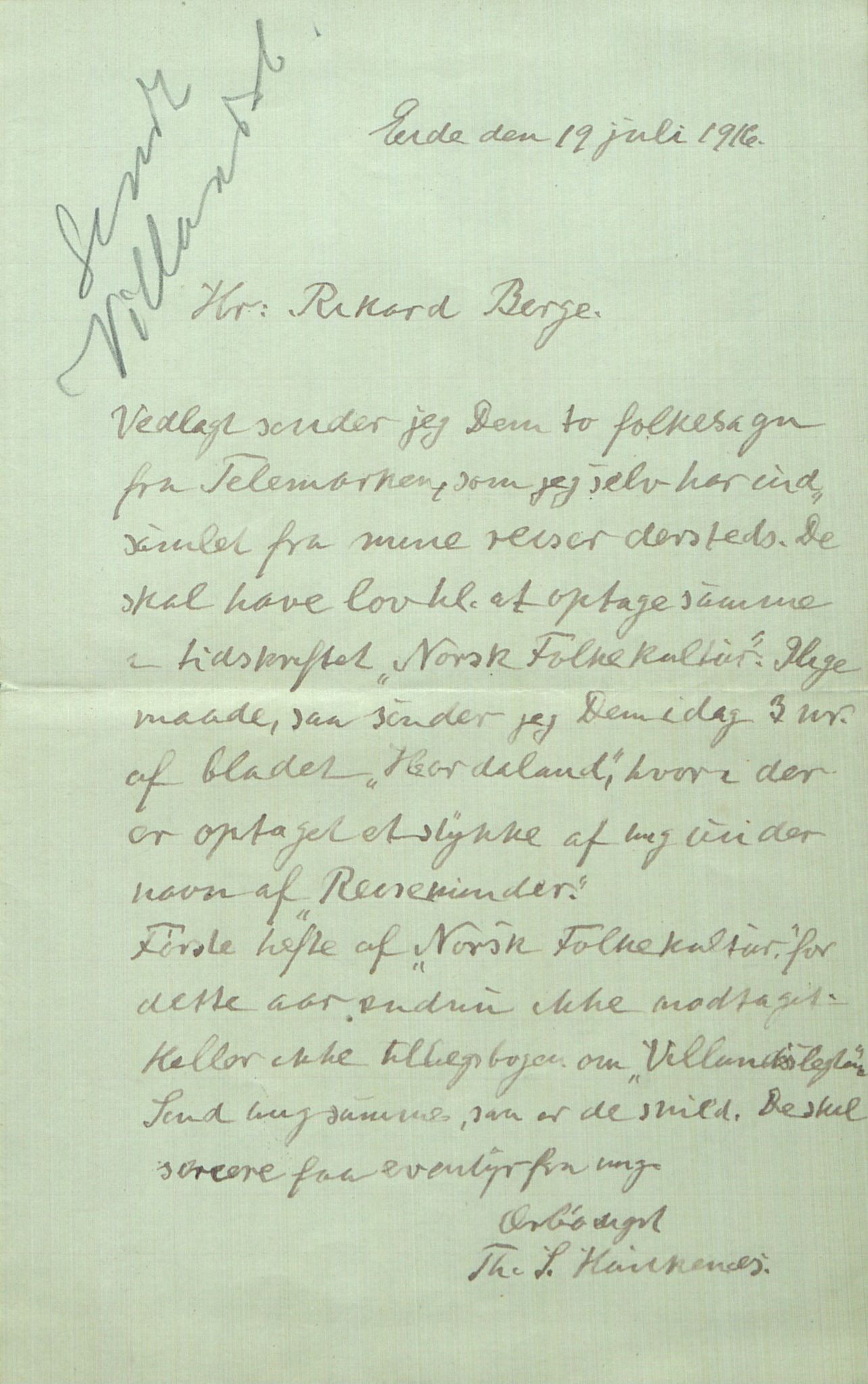 Rikard Berge, TEMU/TGM-A-1003/F/L0014/0040: 471-512 / 510 Brev til Berge frå Hankenæs + oppskrifter som H. kallar for sine, 1915-1917