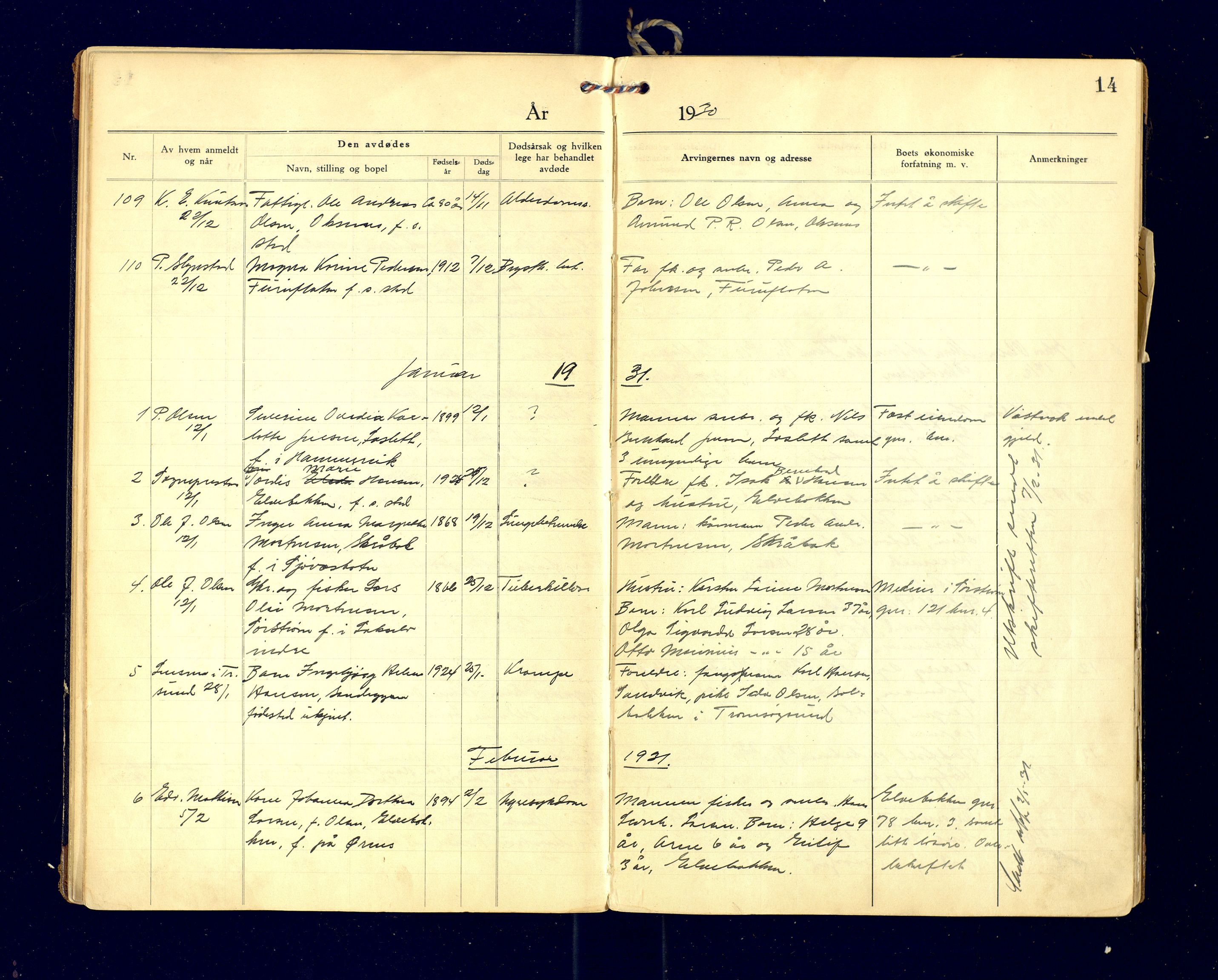 Lyngen lensmannskontor, AV/SATØ-SATO-99/F/Fg/Fga/L0086: Dødsfallsprotokoll for Lyngen lensmannsdistrikt, 1929-1935, s. 14