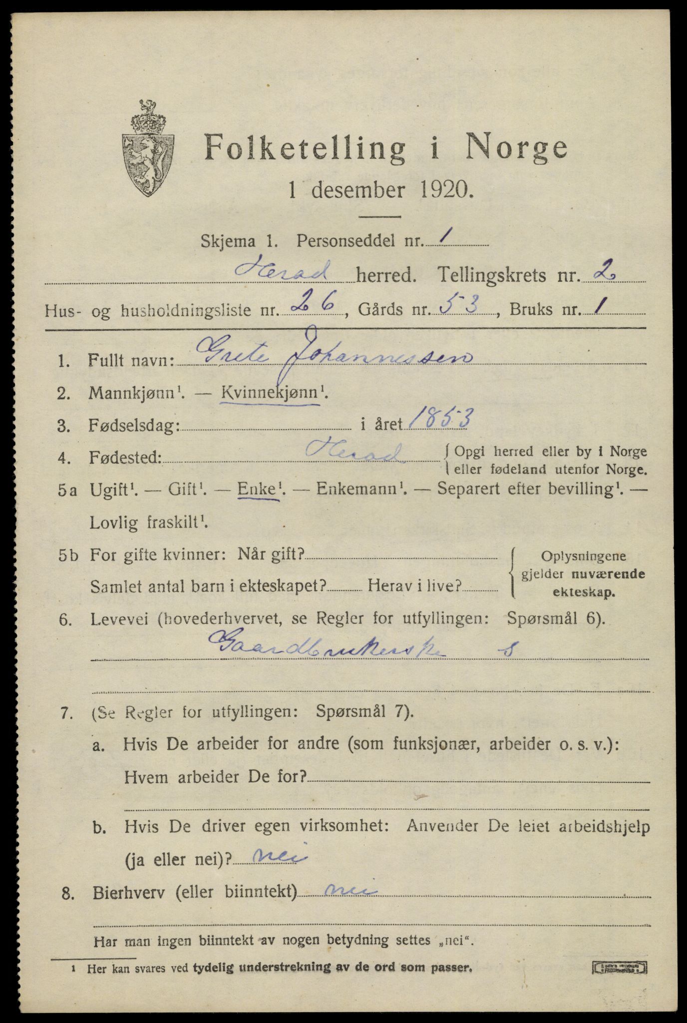 SAK, Folketelling 1920 for 1039 Herad herred, 1920, s. 1304