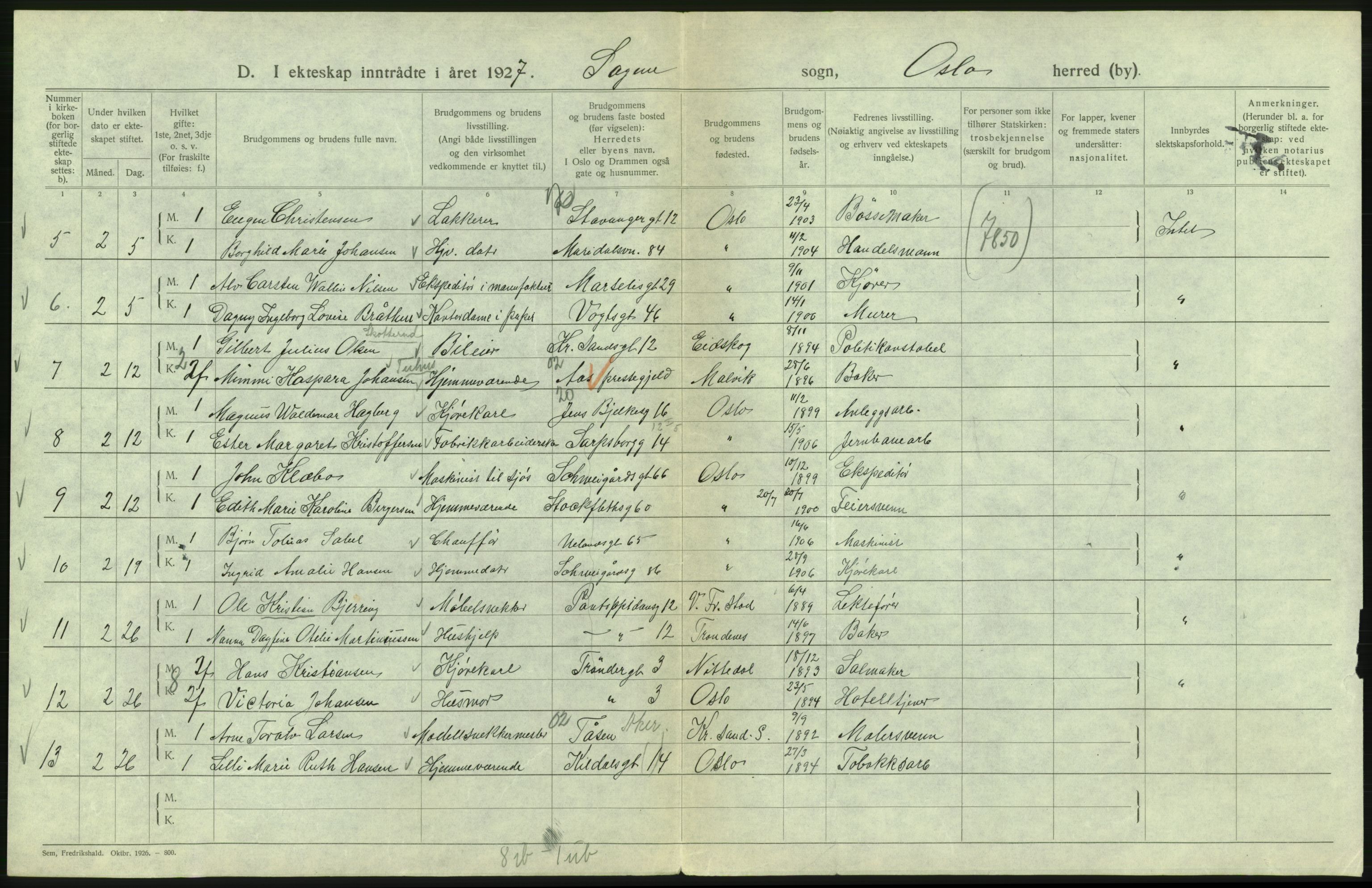 Statistisk sentralbyrå, Sosiodemografiske emner, Befolkning, AV/RA-S-2228/D/Df/Dfc/Dfcg/L0008: Oslo: Gifte, 1927, s. 340