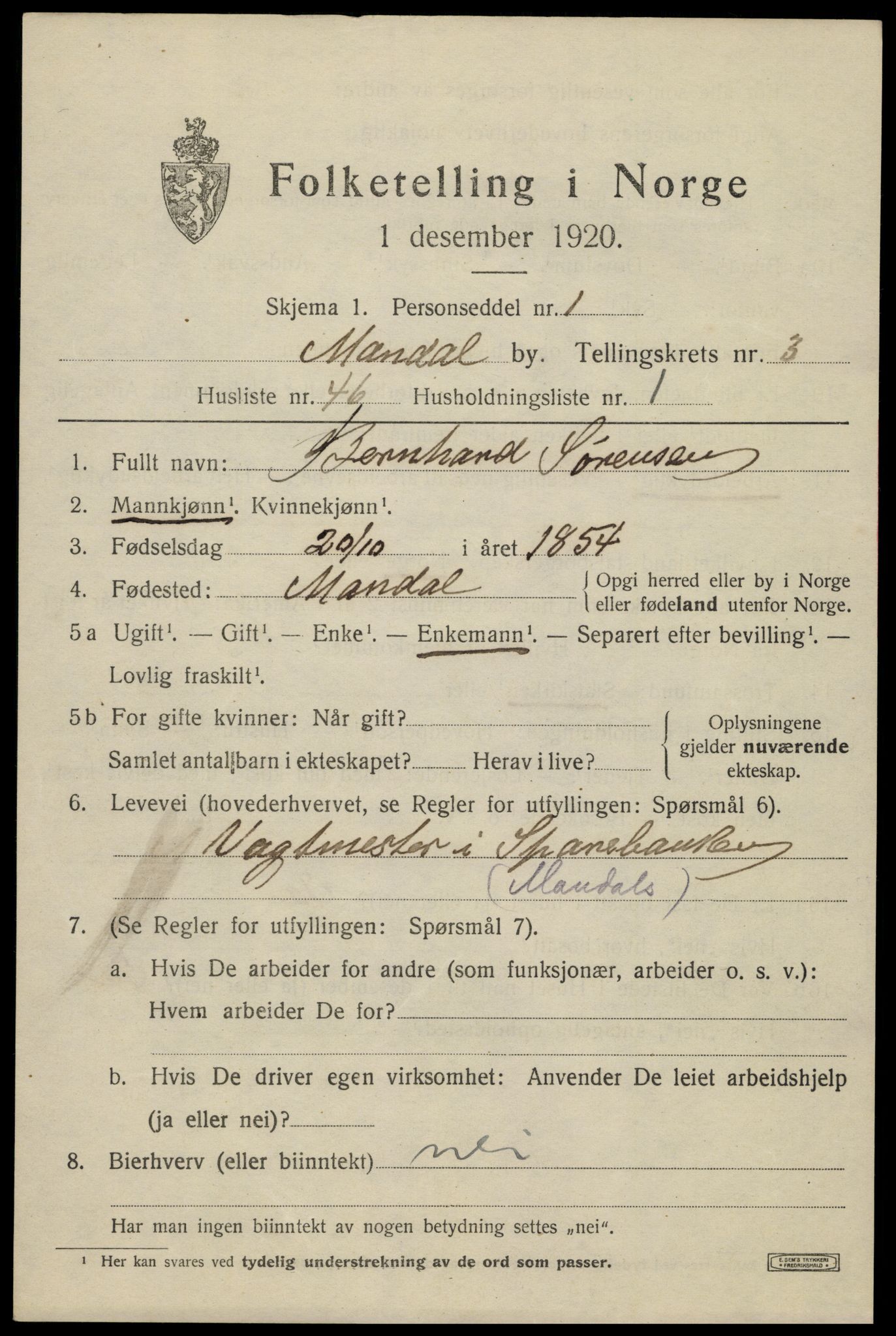 SAK, Folketelling 1920 for 1002 Mandal ladested, 1920, s. 5897