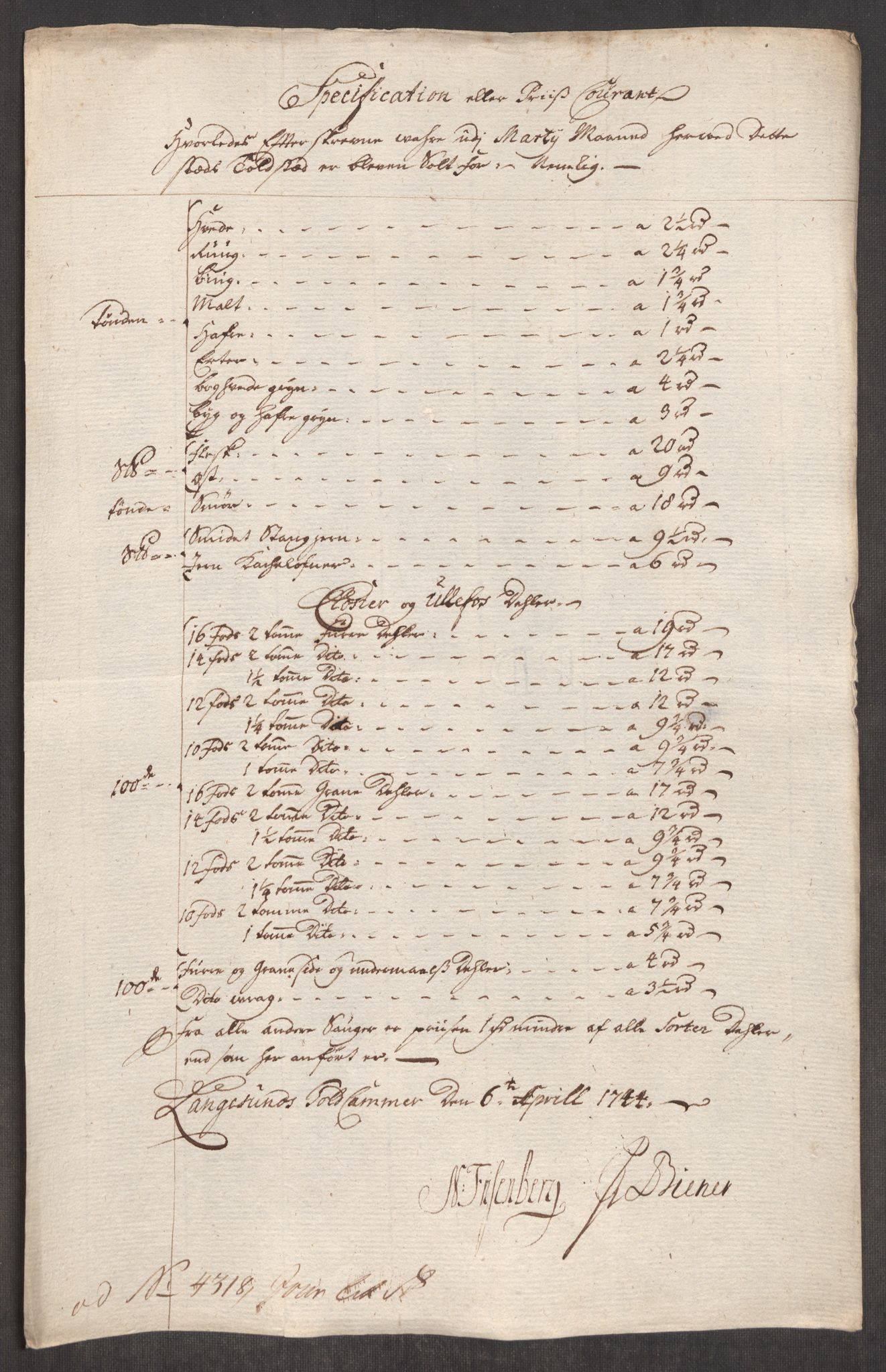 Rentekammeret inntil 1814, Realistisk ordnet avdeling, RA/EA-4070/Oe/L0002: [Ø1]: Priskuranter, 1740-1744, s. 934