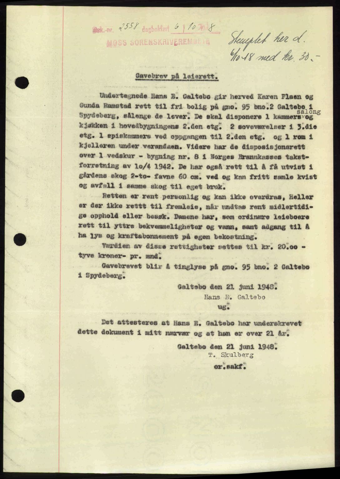 Moss sorenskriveri, SAO/A-10168: Pantebok nr. A20, 1948-1948, Dagboknr: 2558/1948