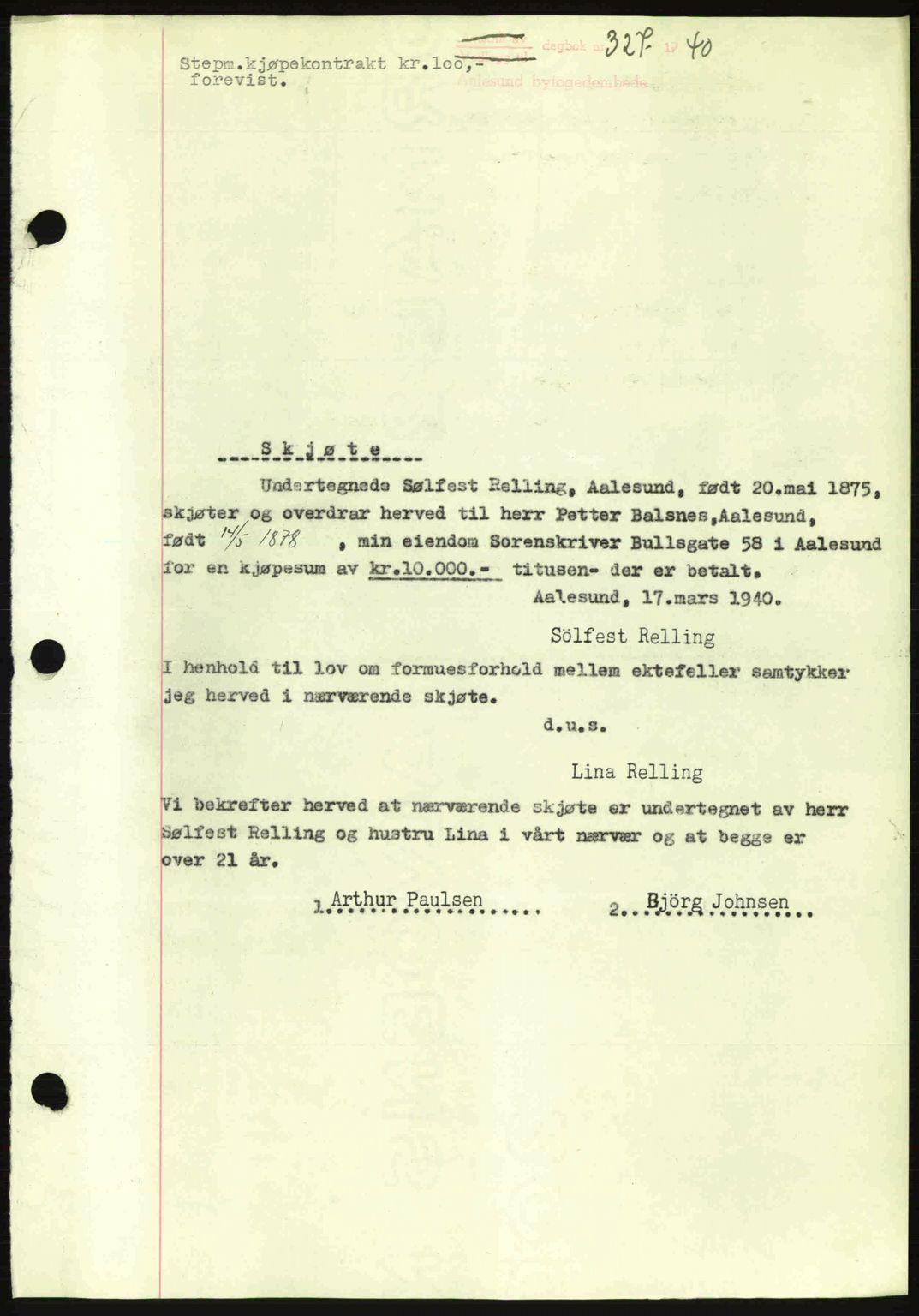 Ålesund byfogd, AV/SAT-A-4384: Pantebok nr. 34 II, 1938-1940, Dagboknr: 327/1940