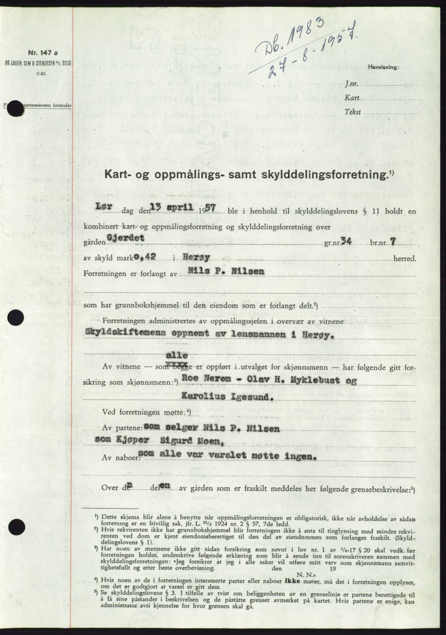 Søre Sunnmøre sorenskriveri, SAT/A-4122/1/2/2C/L0107: Pantebok nr. 33A, 1957-1957, Dagboknr: 1983/1957