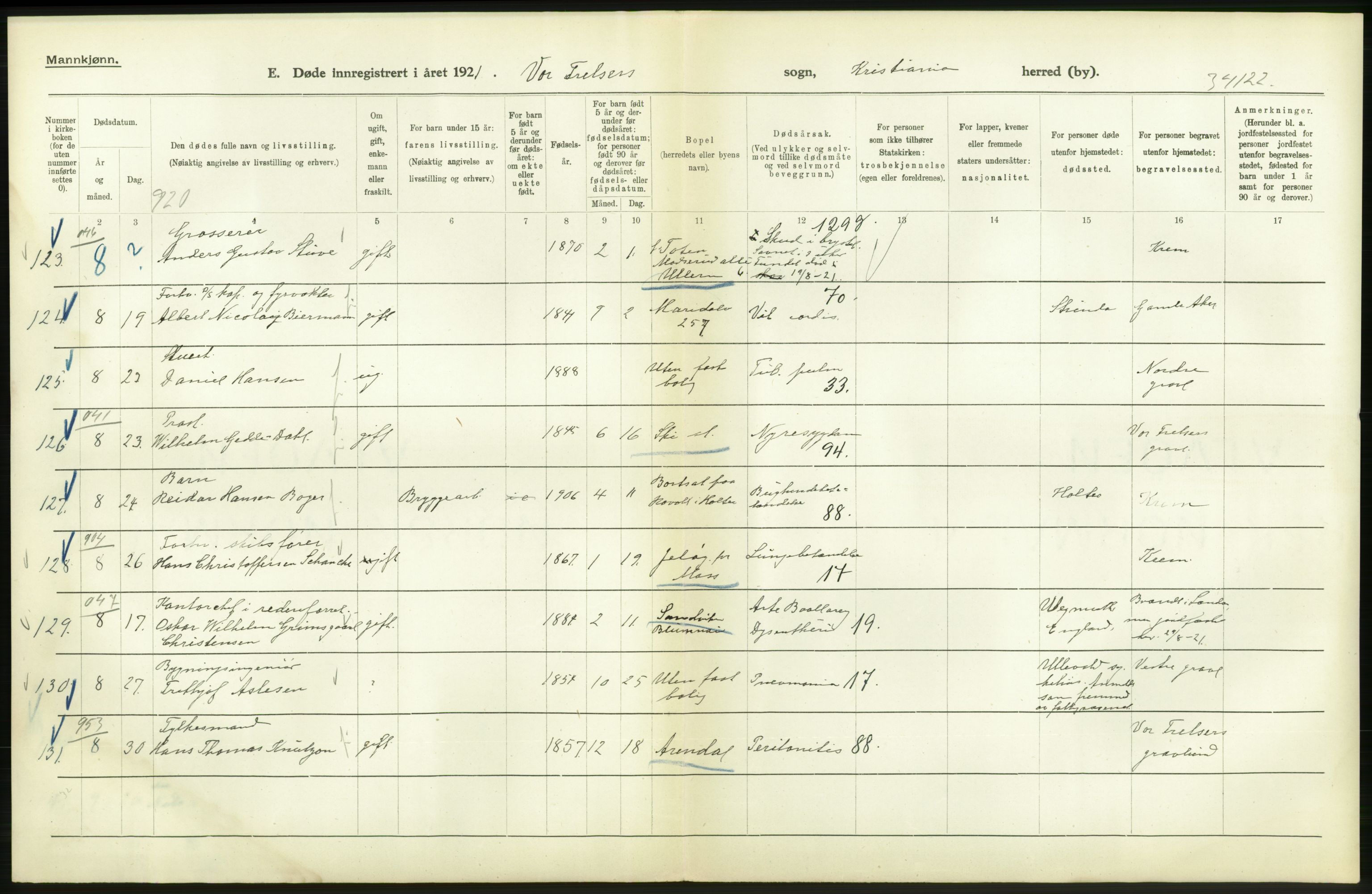 Statistisk sentralbyrå, Sosiodemografiske emner, Befolkning, AV/RA-S-2228/D/Df/Dfc/Dfca/L0012: Kristiania: Døde, 1921, s. 592