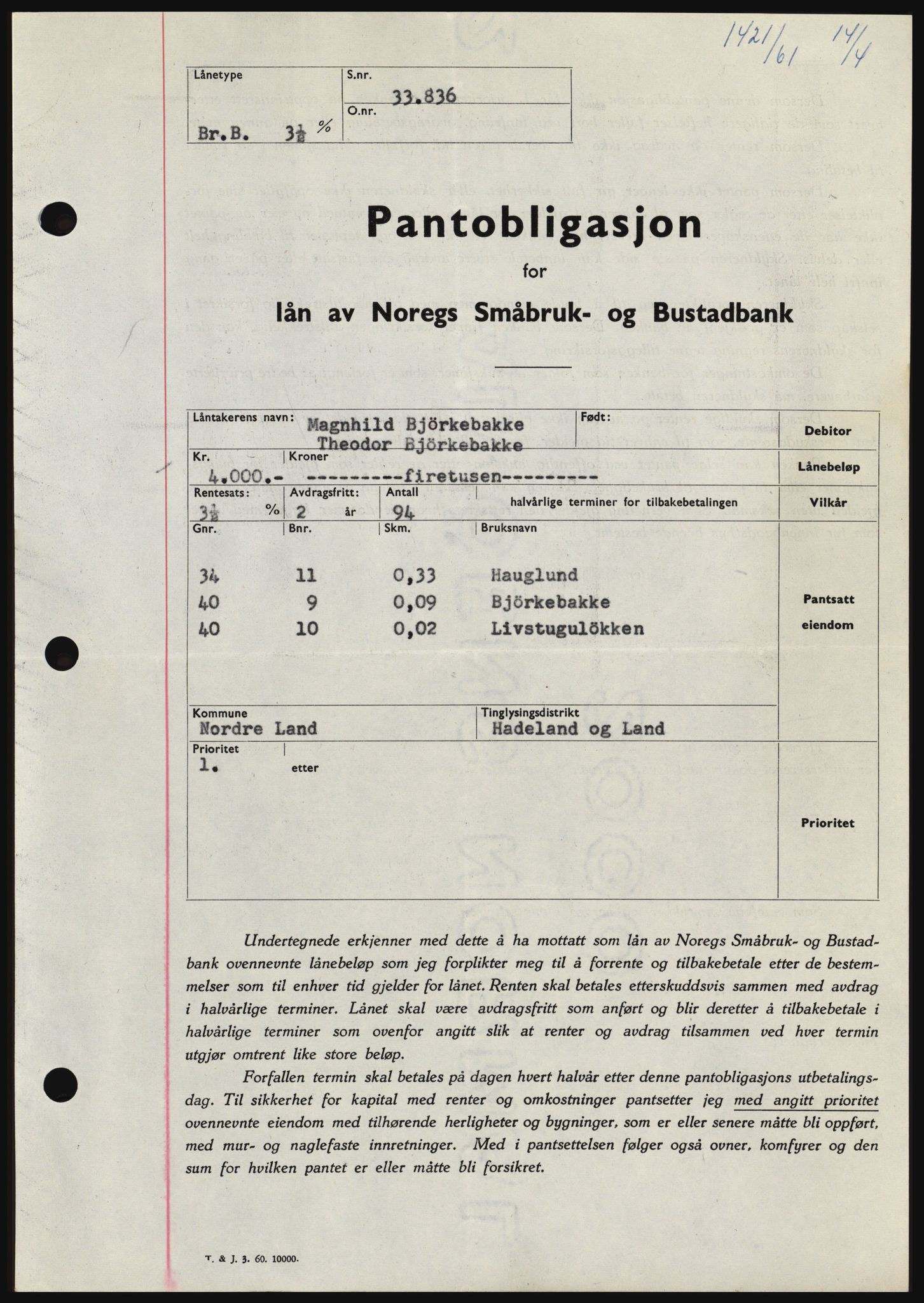 Hadeland og Land tingrett, SAH/TING-010/H/Hb/Hbc/L0045: Pantebok nr. B45, 1961-1961, Dagboknr: 1421/1961
