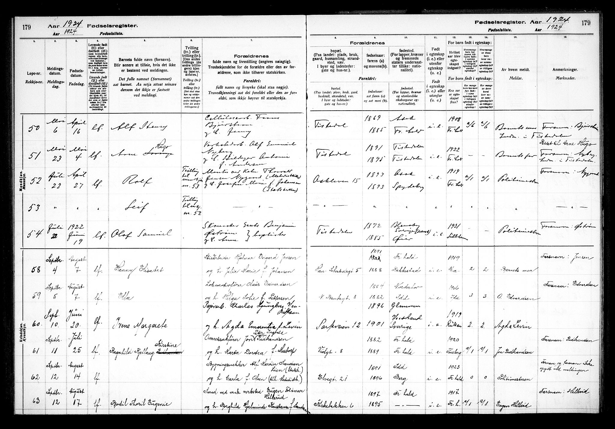 Halden prestekontor Kirkebøker, AV/SAO-A-10909/J/Ja/L0001: Fødselsregister nr. I 1, 1916-1925, s. 179